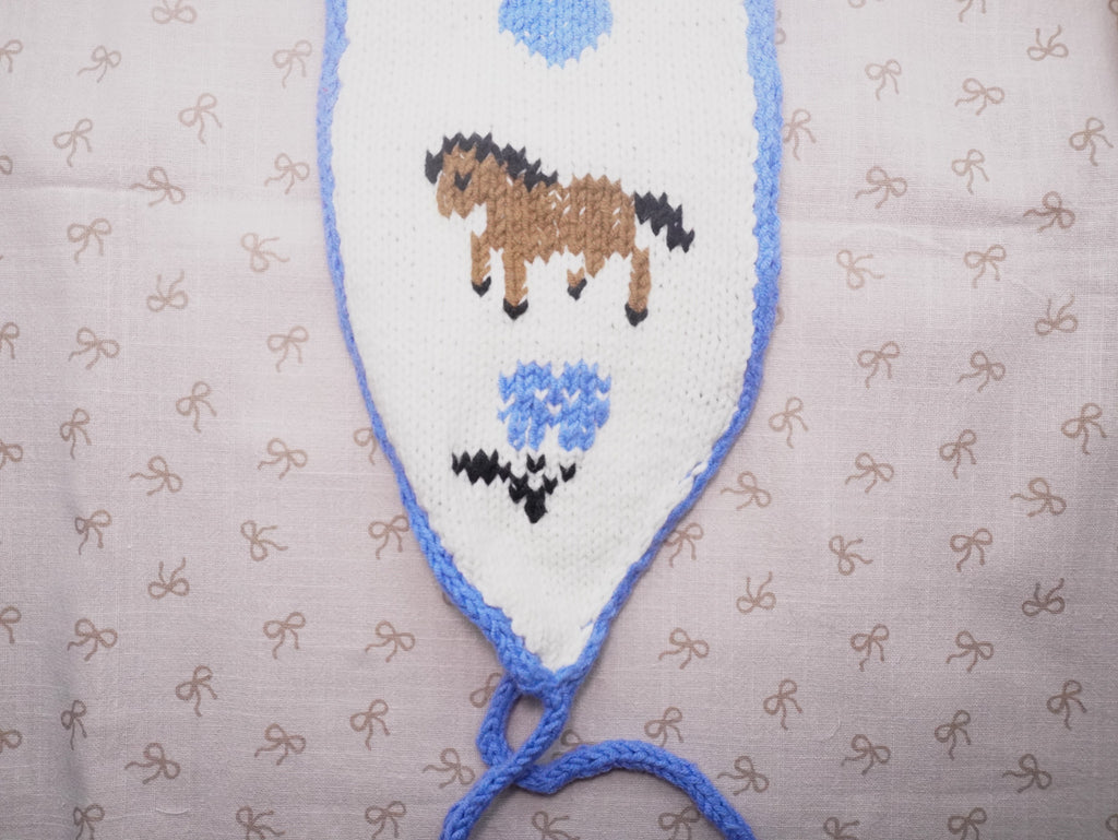 Knitted Headband – Cream with Brown Horse & Blue Floral Intarsia Pattern