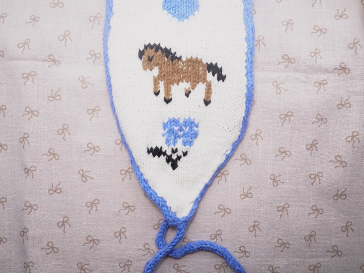 Knitted Headband – Cream with Brown Horse & Blue Floral Intarsia Pattern