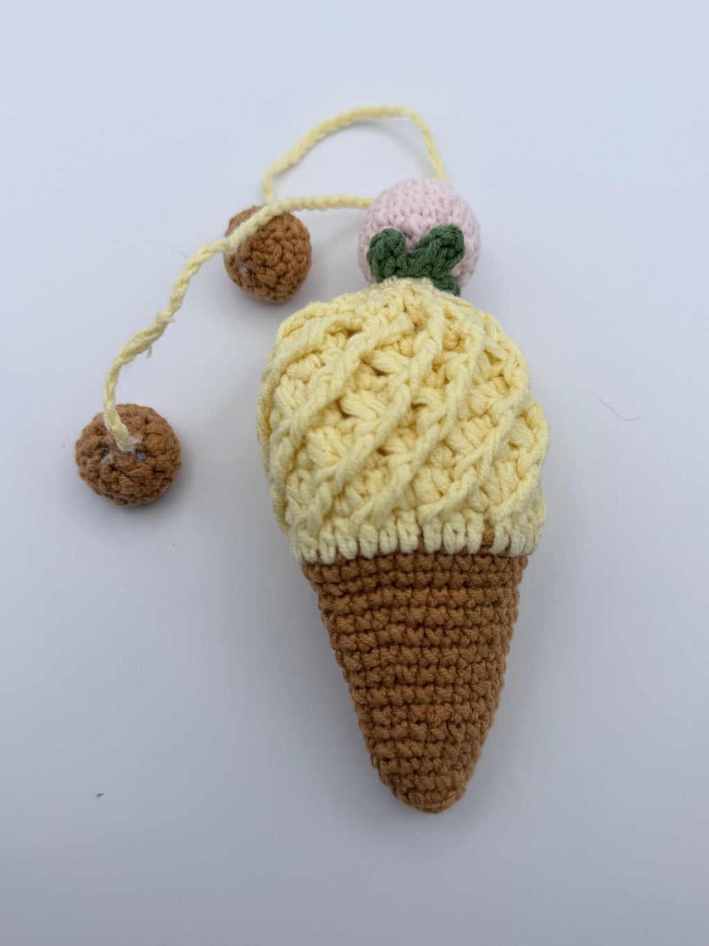 Crochet Ice Cream Cone Pouch – Yellow Vanilla with Strawberry & Nut Charms