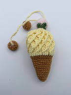 Crochet Ice Cream Cone Pouch – Yellow Vanilla with Strawberry & Nut Charms
