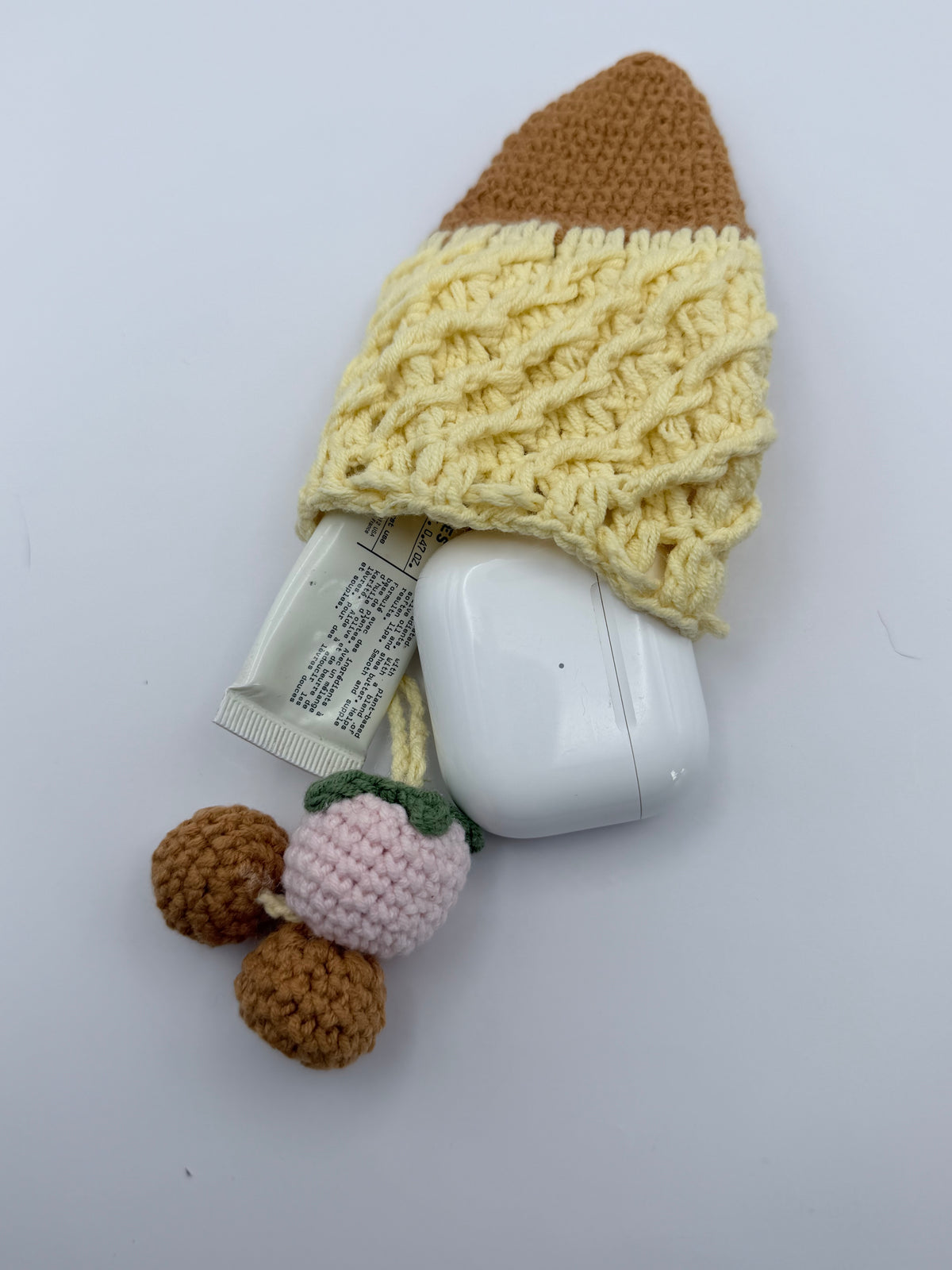 Crochet Ice Cream Cone Pouch – Yellow Vanilla with Strawberry & Nut Charms