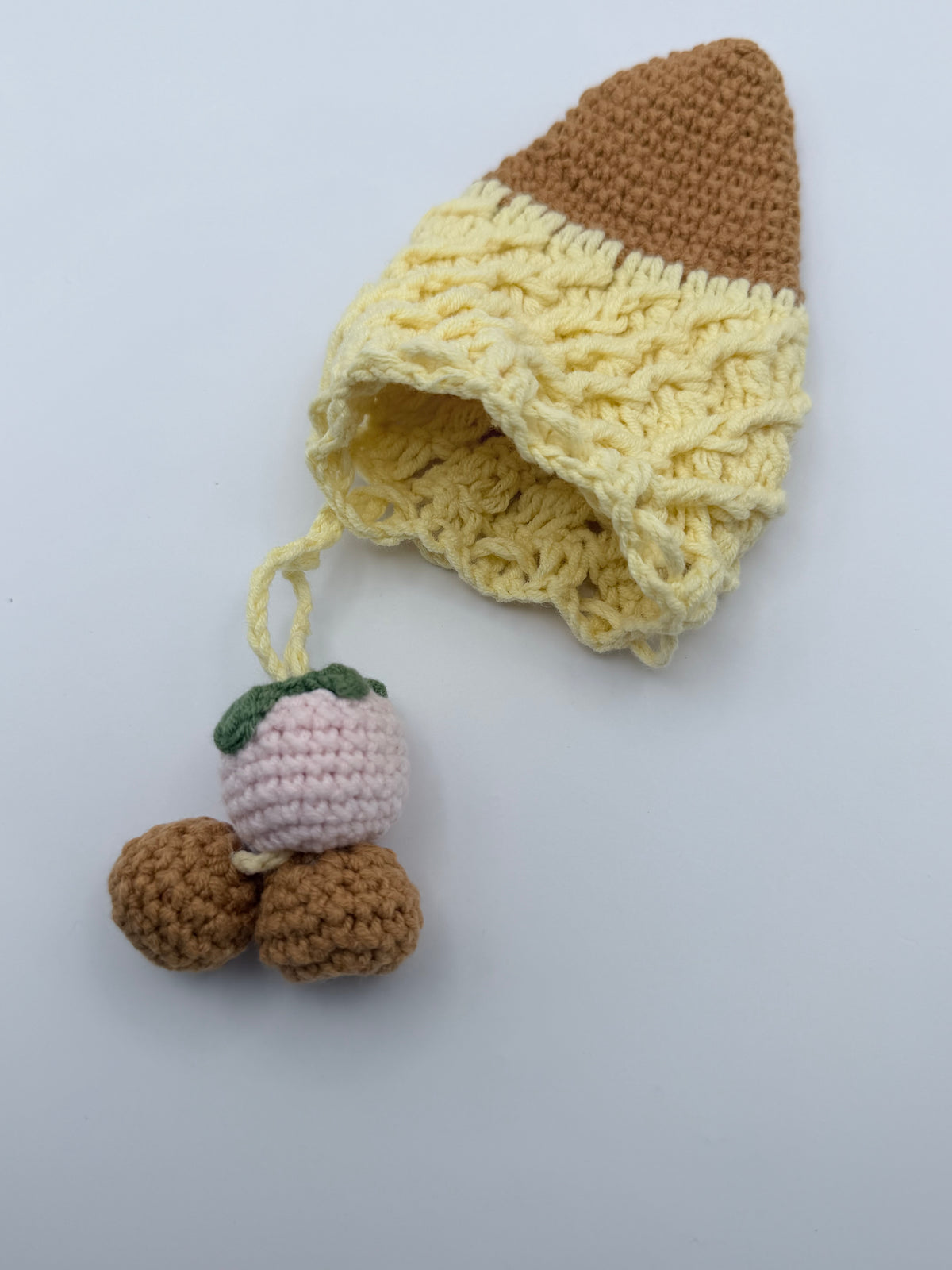 Crochet Ice Cream Cone Pouch – Yellow Vanilla with Strawberry & Nut Charms