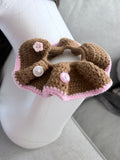 Crochet Donut Scrunchie – Brown & Pink with Button Detail