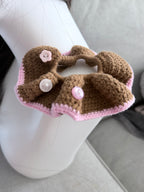 Crochet Donut Scrunchie – Brown & Pink with Button Detail