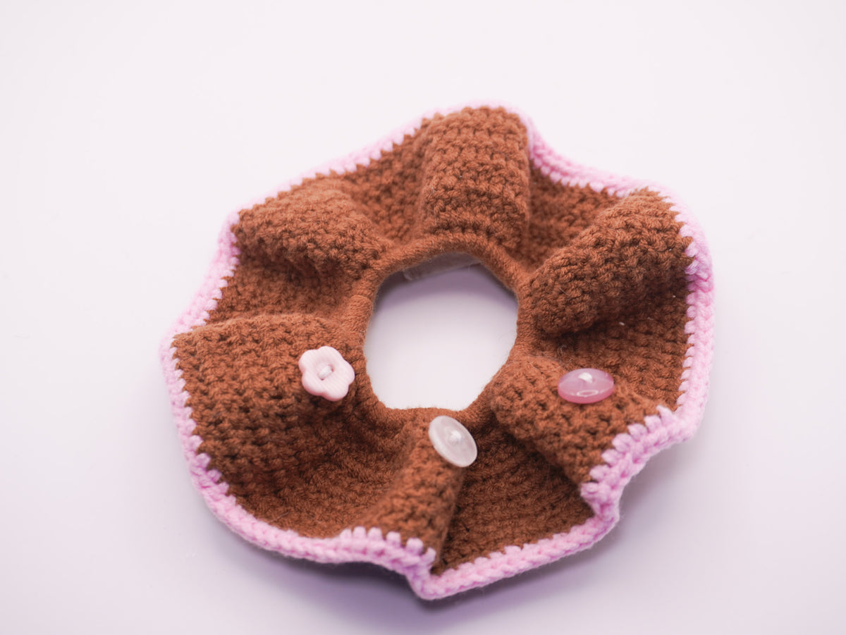 Crochet Donut Scrunchie – Brown & Pink with Button Detail