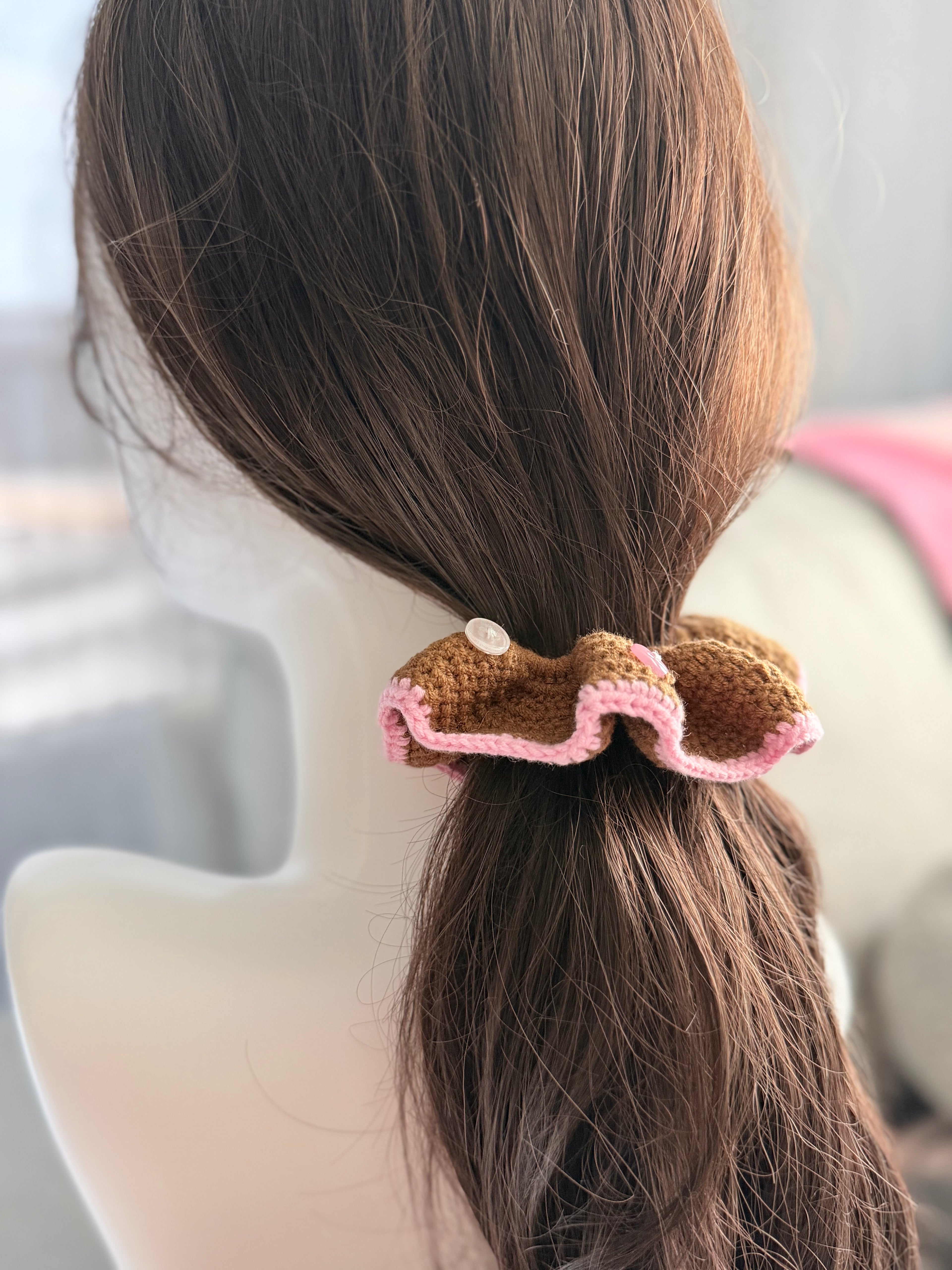 Crochet Donut Scrunchie – Brown & Pink with Button Detail