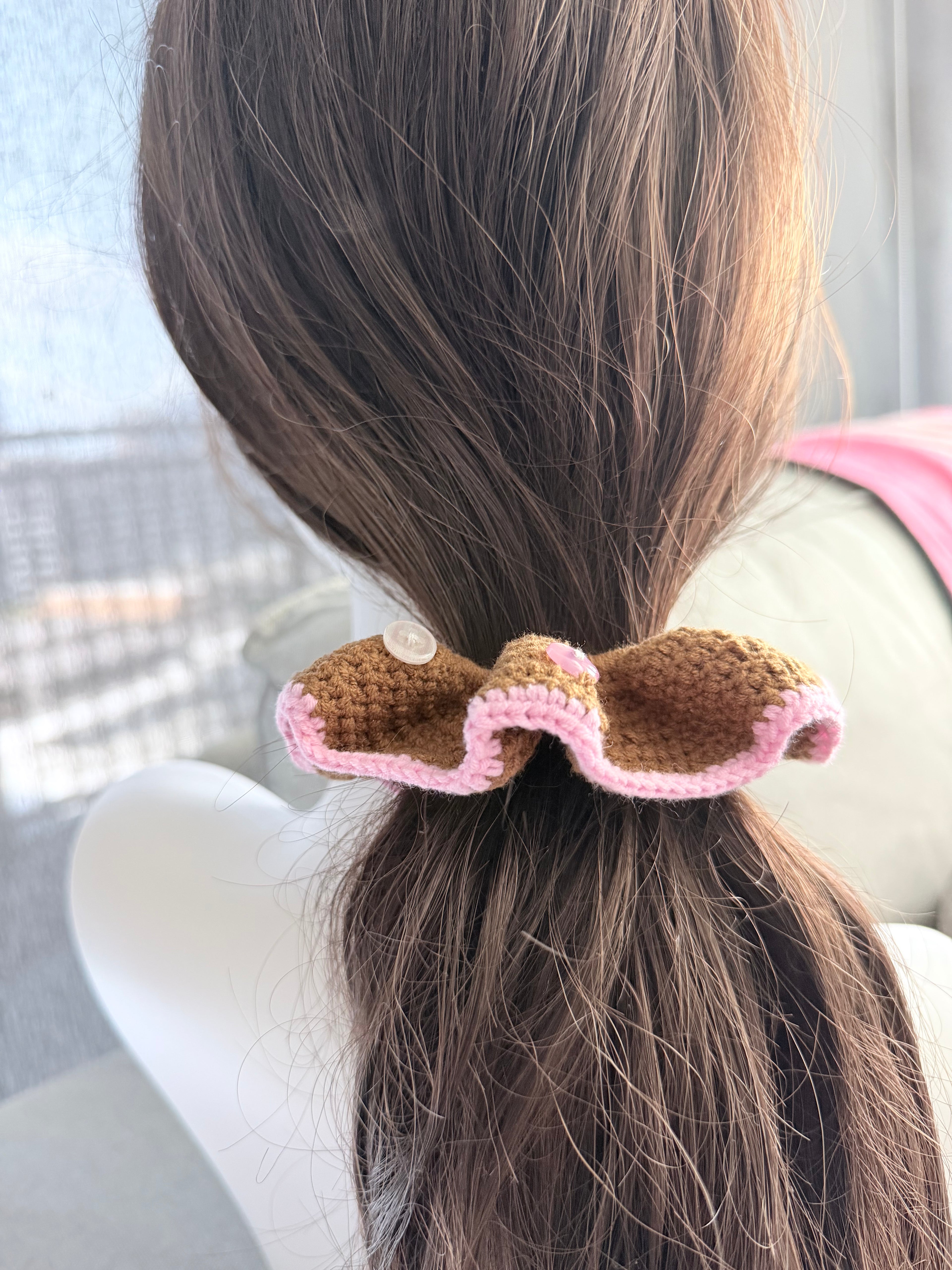 Crochet Donut Scrunchie – Brown & Pink with Button Detail