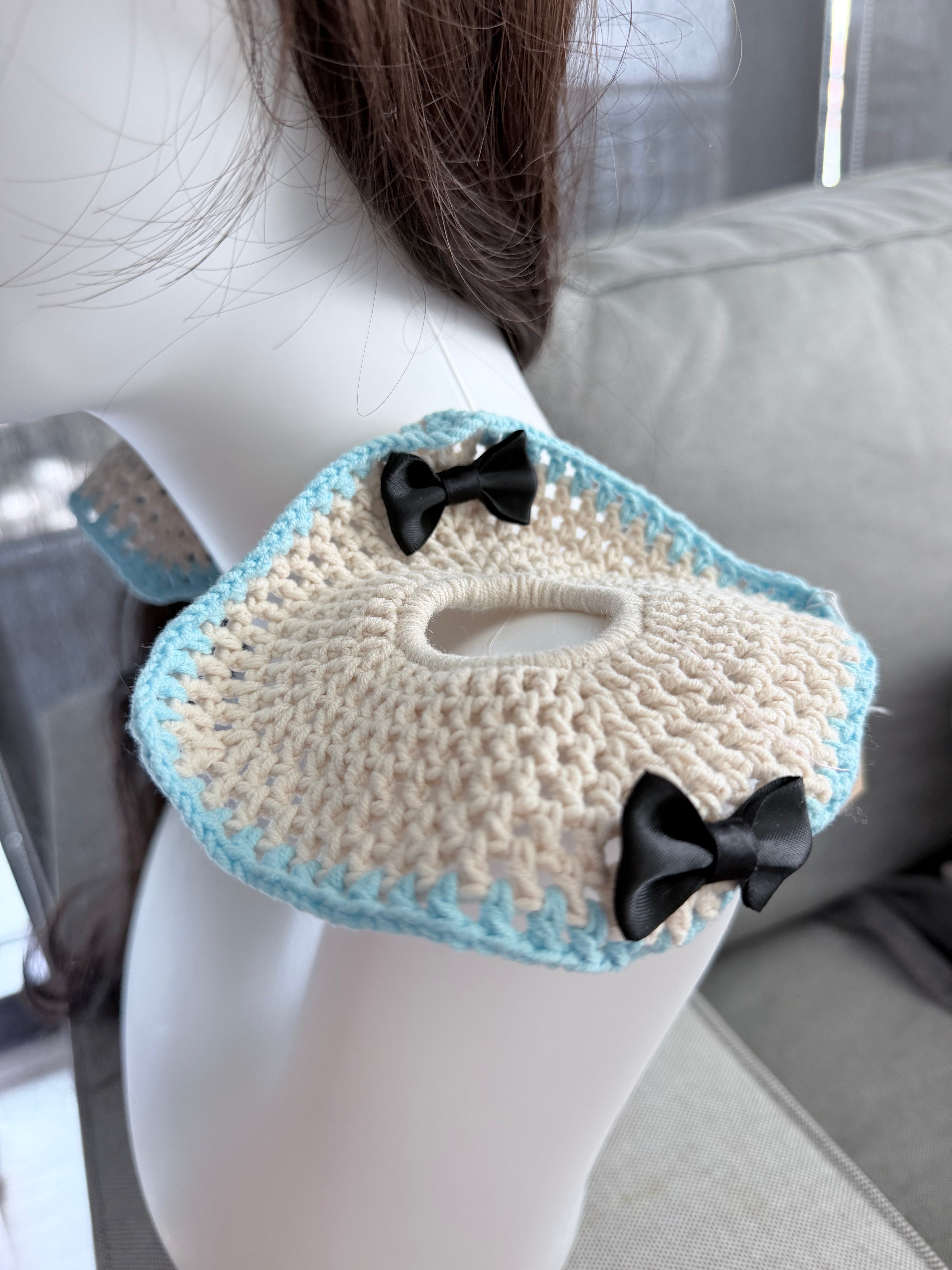 Crochet Square Scrunchie – Cream & Blue with Bow Detail