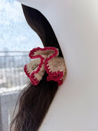 Chunky Crochet Scrunchie – Cream & Red Scalloped Edge