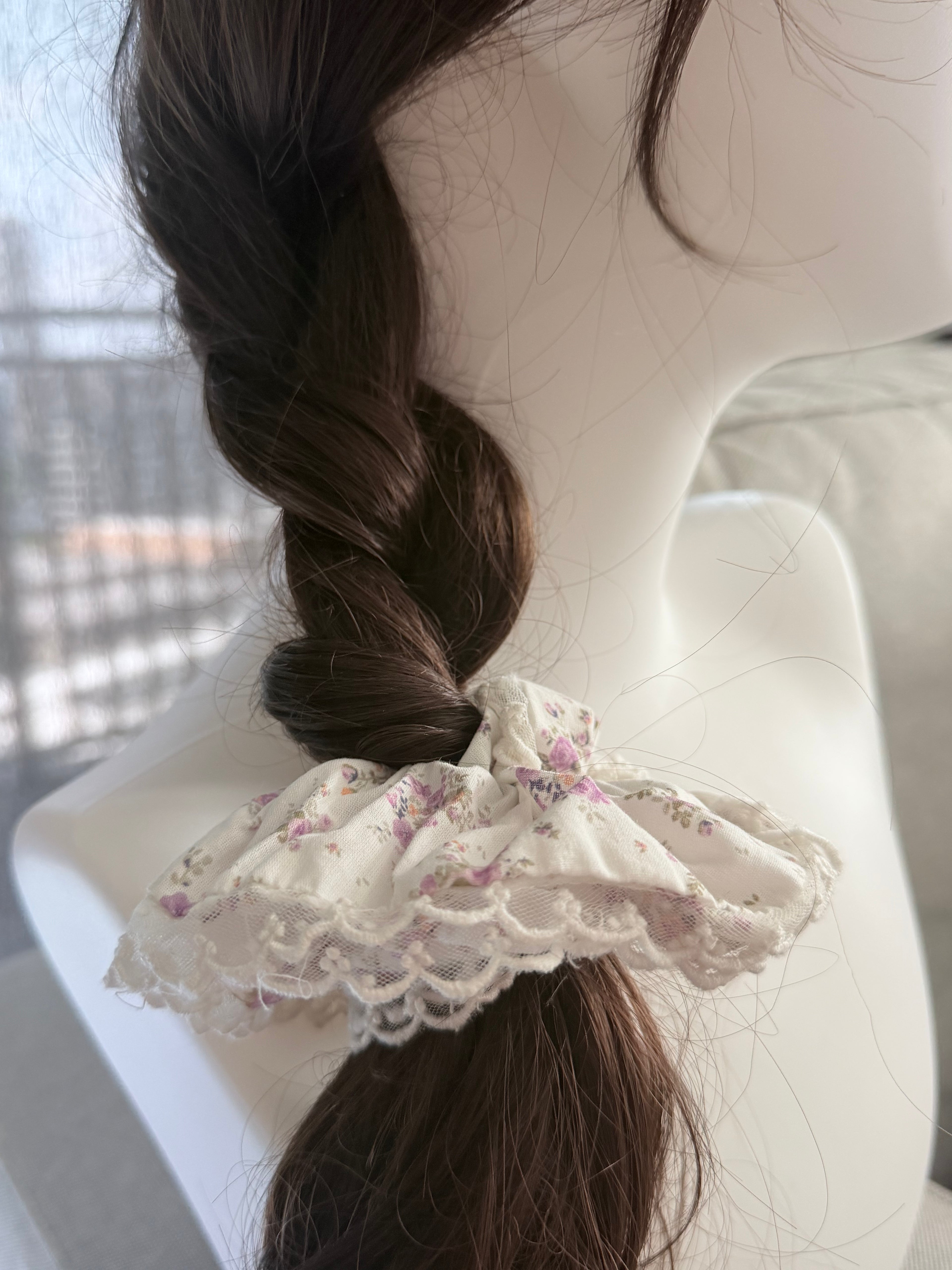 Floral Lace Scrunchie – White & Purple Ditsy Print
