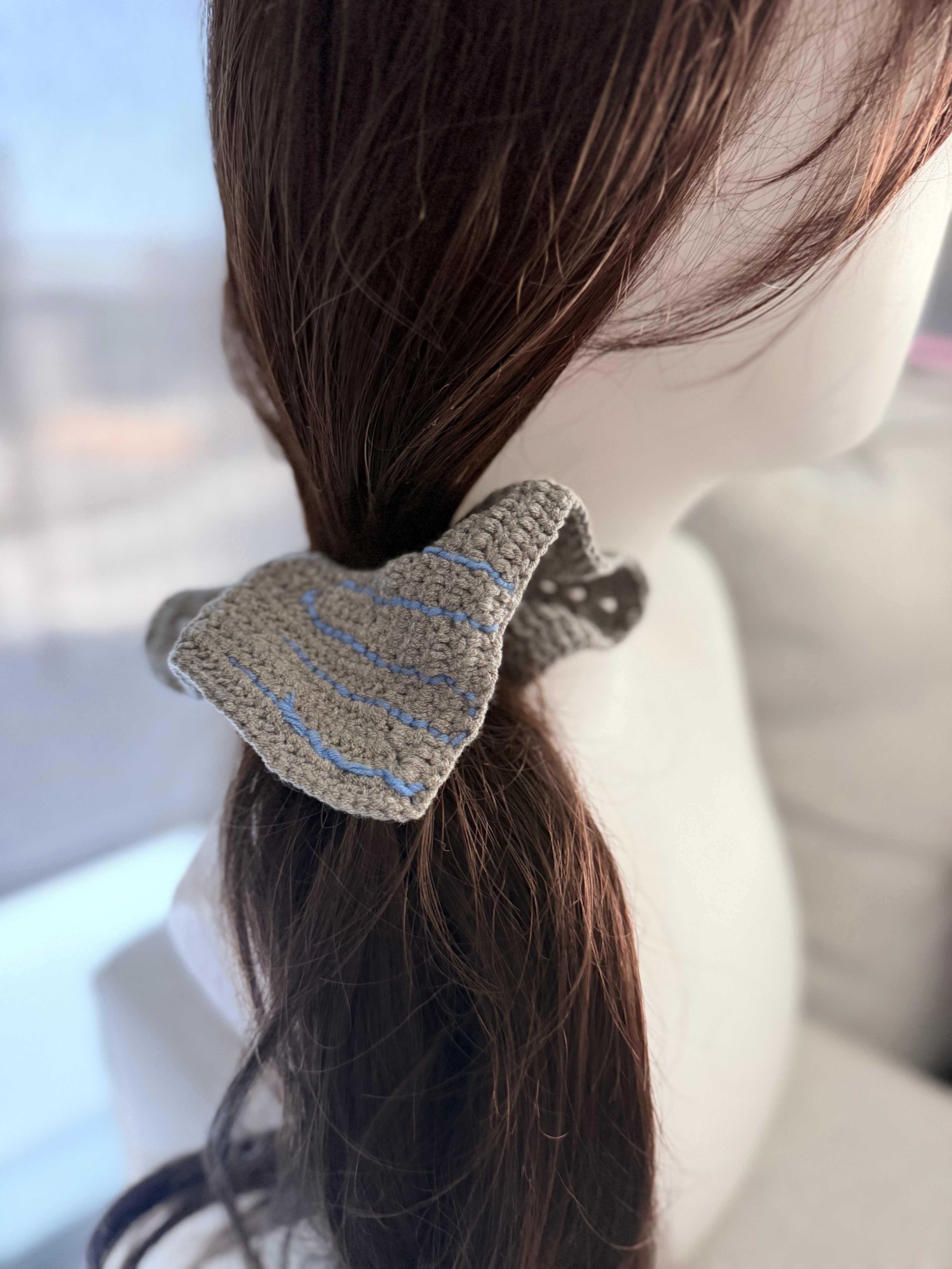Chunky Crochet Square Scrunchie – Charcoal with Pink & Blue Stripes