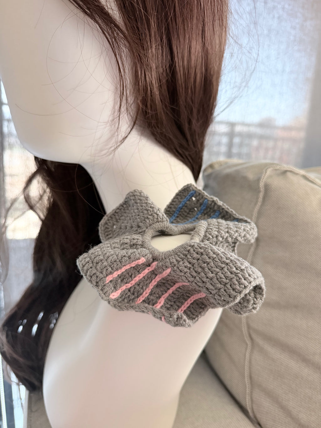 Chunky Crochet Square Scrunchie – Charcoal with Pink & Blue Stripes