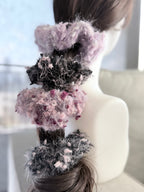 Hand-Blended Fuzzy Yarn Scrunchie – Grey & White Mix