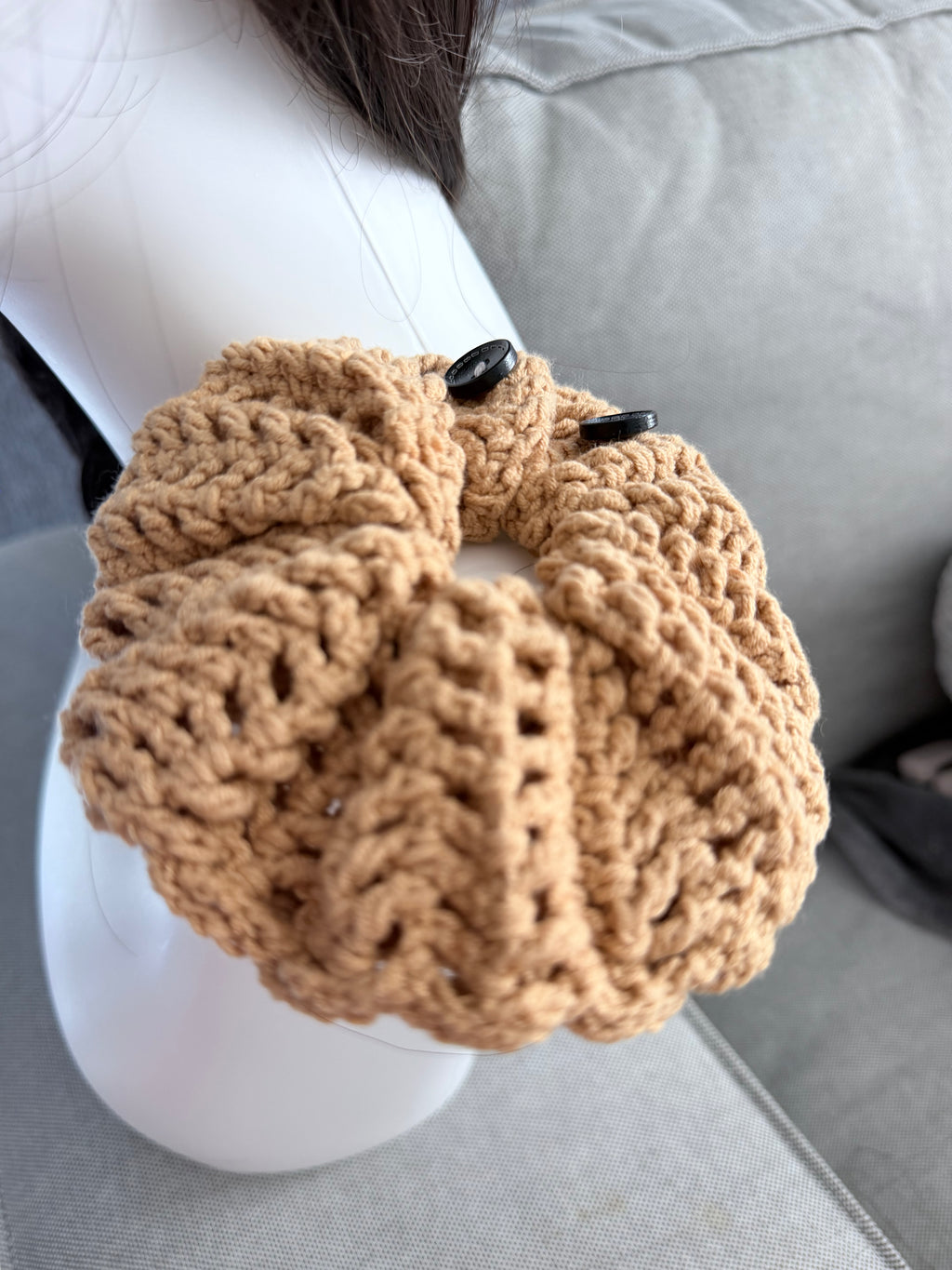 Crochet Mesh Scrunchie with Button Detail – Caramel & Cream