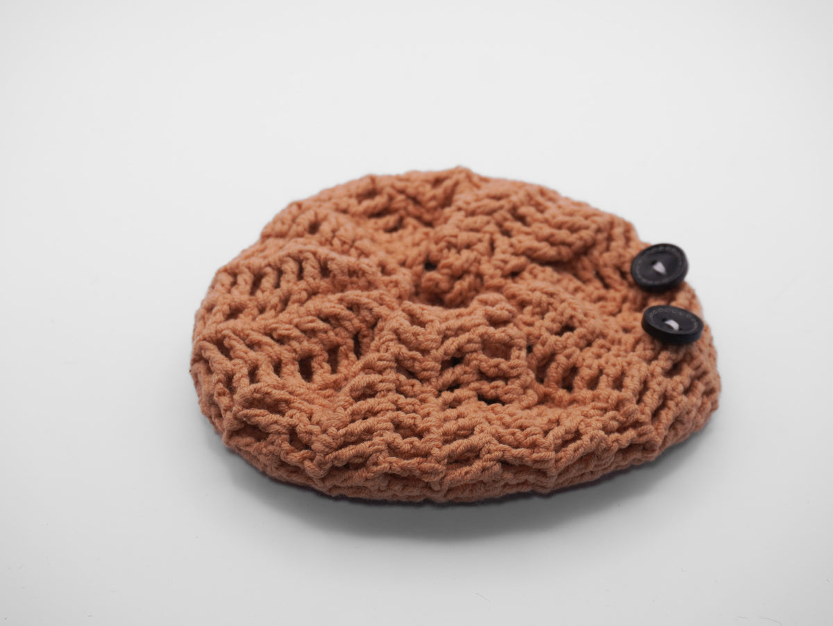 Crochet Mesh Scrunchie with Button Detail – Caramel & Cream