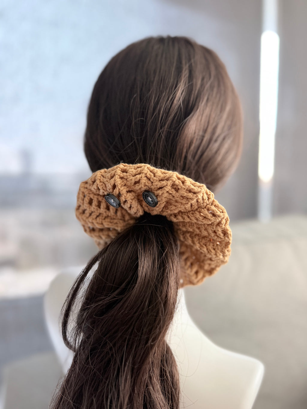 Crochet Mesh Scrunchie with Button Detail – Caramel & Cream