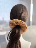 Crochet Mesh Scrunchie with Button Detail – Caramel & Cream