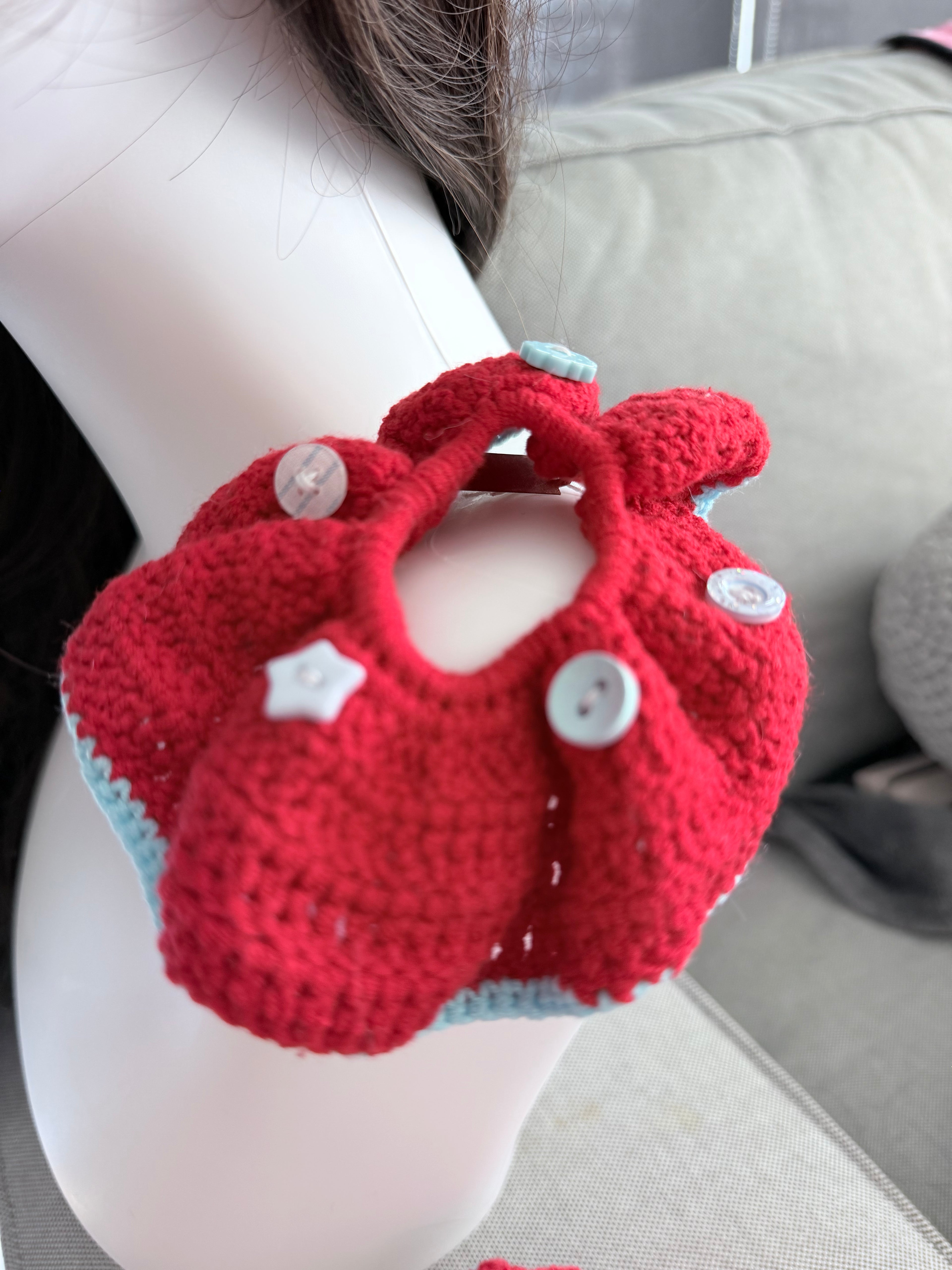 Crochet Flower Scrunchie – Red with Blue Edge & Button Detail
