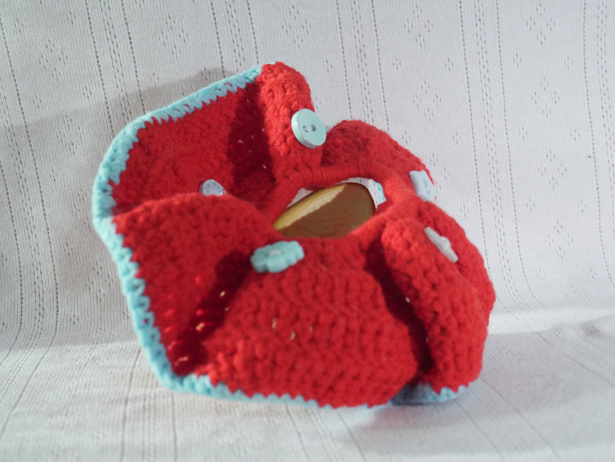 Crochet Flower Scrunchie – Red with Blue Edge & Button Detail