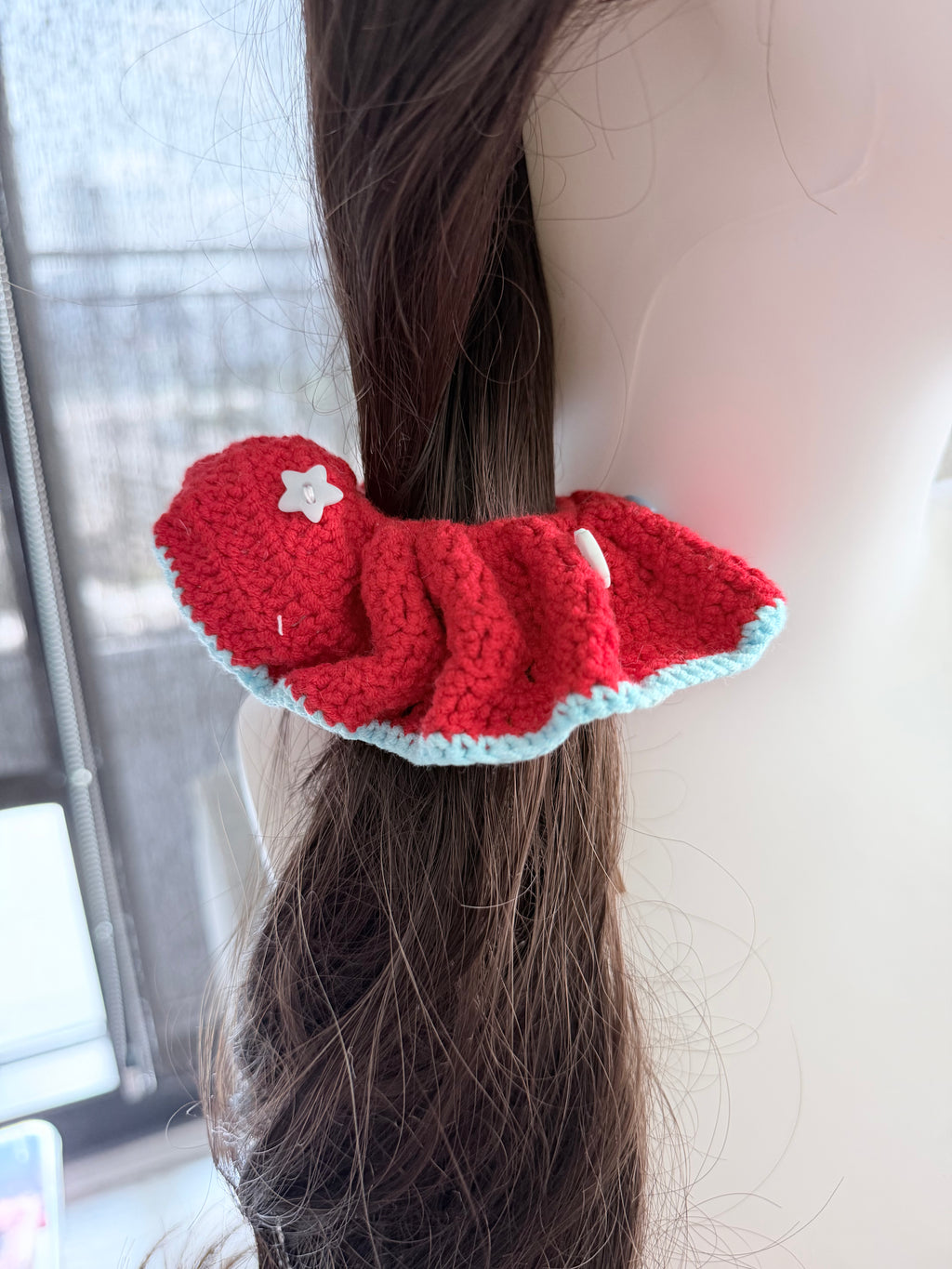 Crochet Flower Scrunchie – Red with Blue Edge & Button Detail