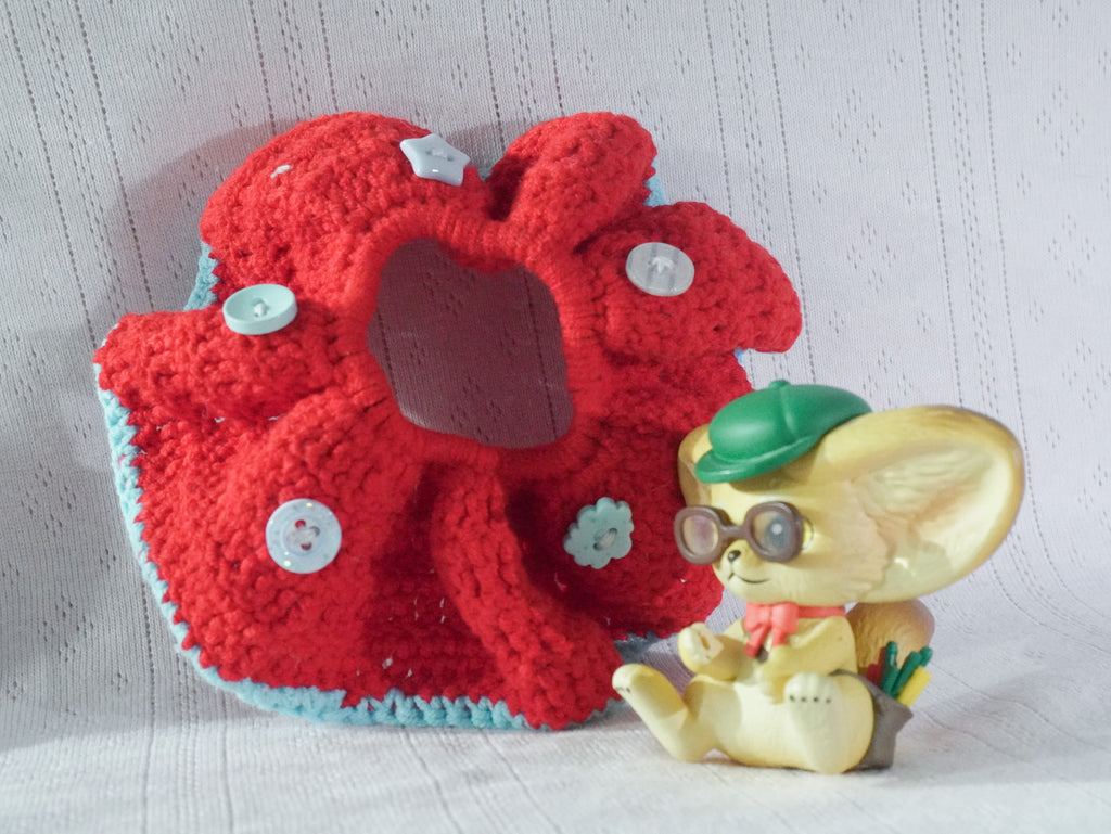 Crochet Flower Scrunchie – Red with Blue Edge & Button Detail