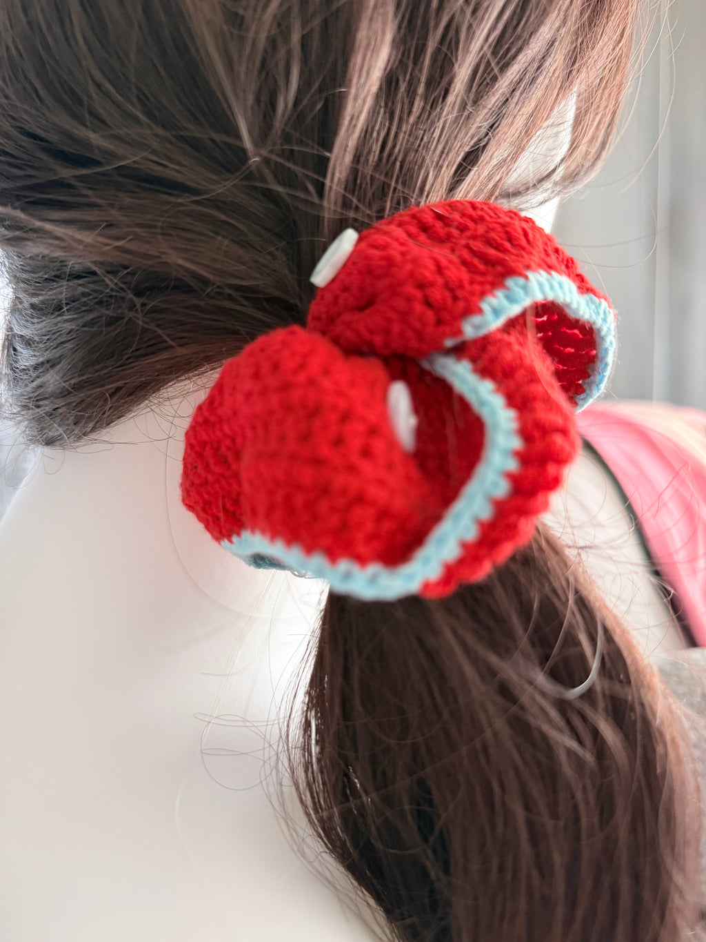 Crochet Flower Scrunchie – Red with Blue Edge & Button Detail