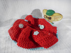 Crochet Flower Scrunchie – Red with Blue Edge & Button Detail