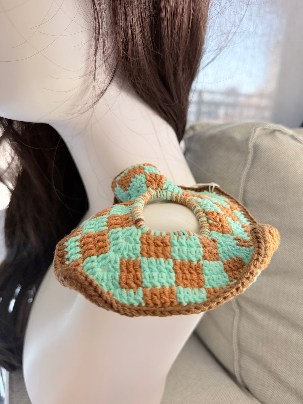 Crochet Triangle Scrunchie – Teal & Brown Checkerboard