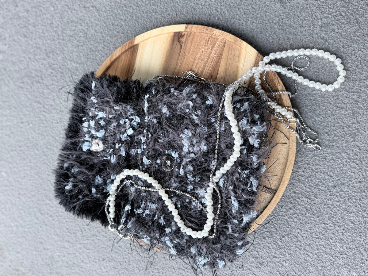 Dark Butterfly Fuzzy Clutch Bag – Black