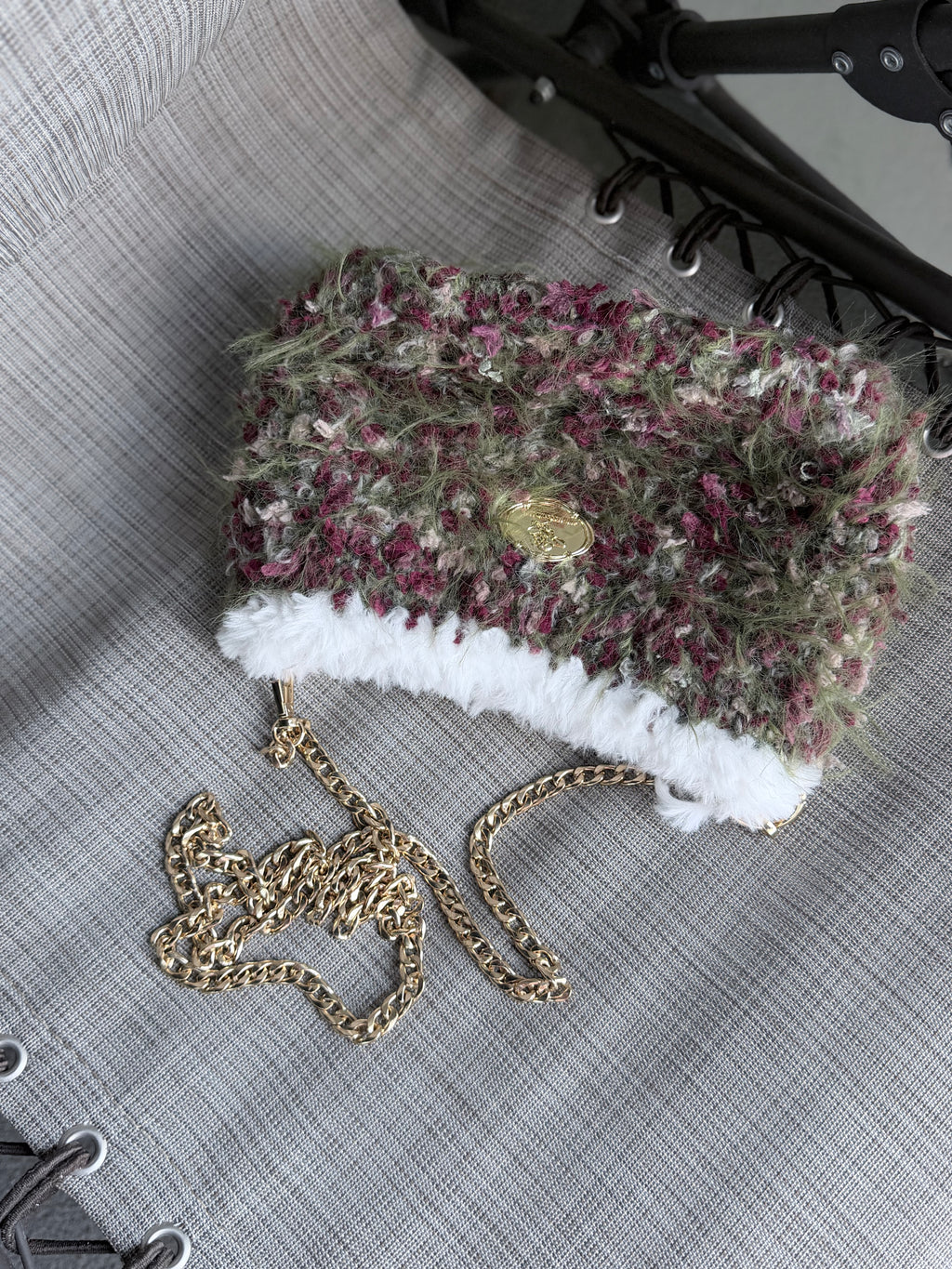 Fuzzy Crossbody Bag – Autumn Forest with Rose Gold Chain Strap