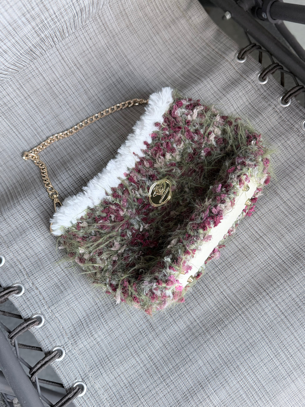 Fuzzy Crossbody Bag – Autumn Forest with Rose Gold Chain Strap