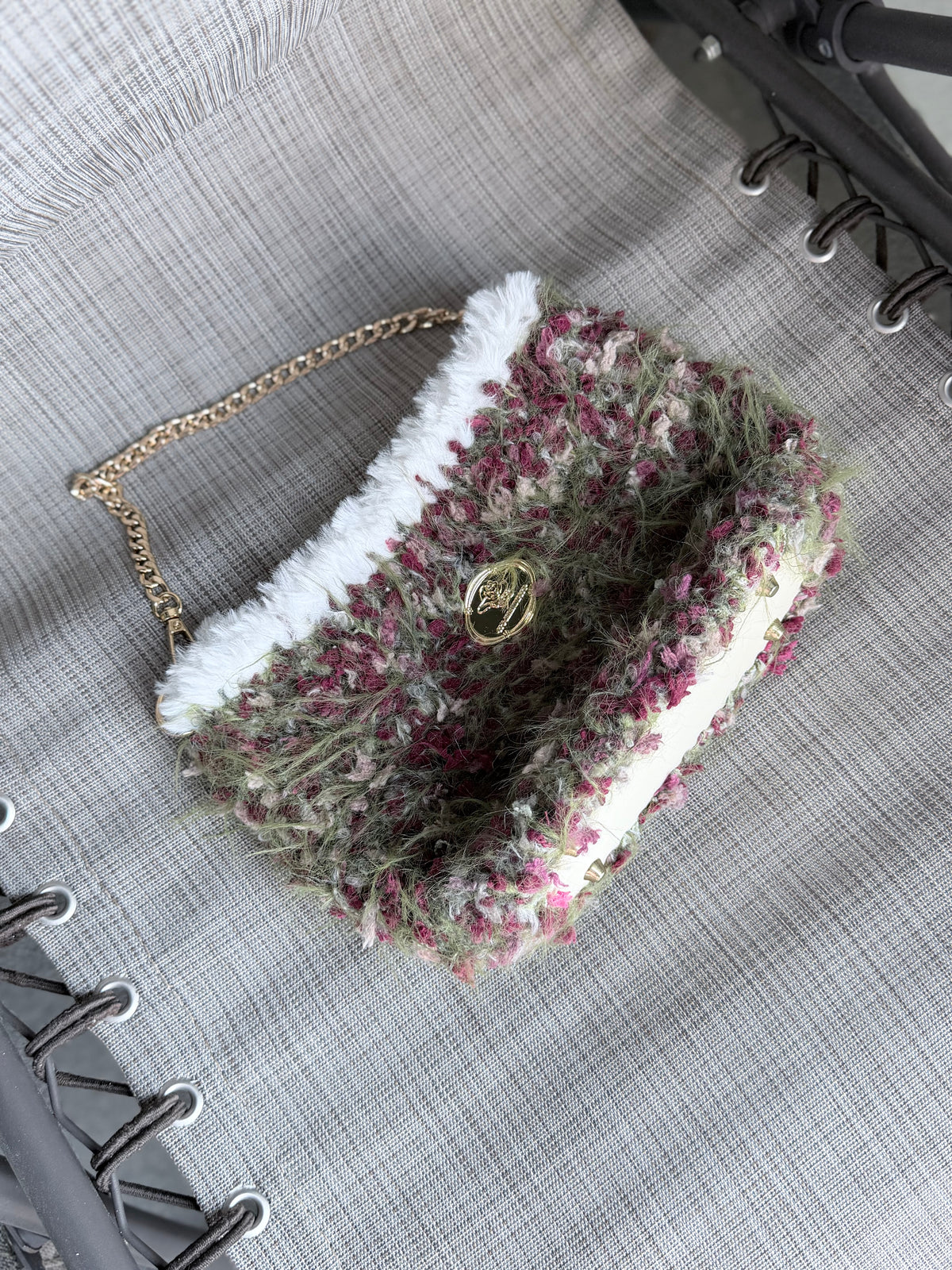 Fuzzy Crossbody Bag – Autumn Forest with Rose Gold Chain Strap