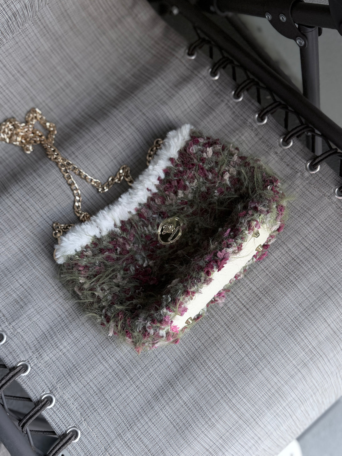 Fuzzy Crossbody Bag – Autumn Forest with Rose Gold Chain Strap