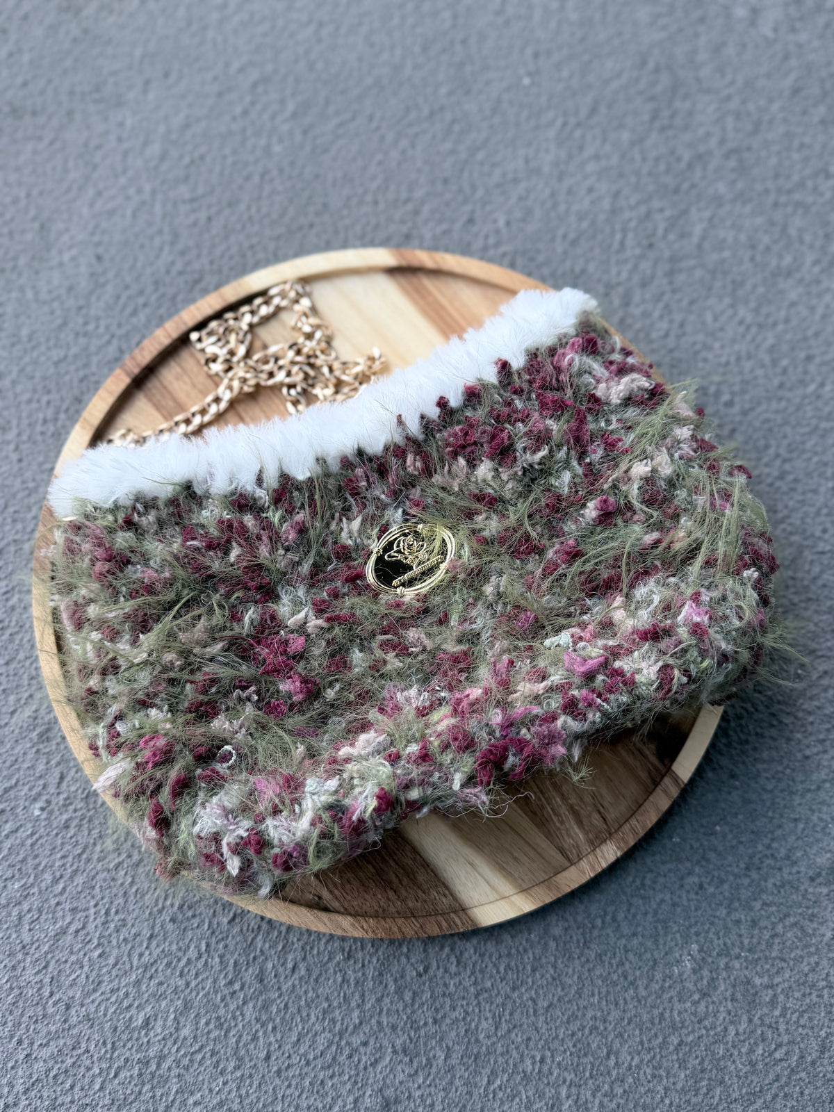 Fuzzy Crossbody Bag – Autumn Forest with Rose Gold Chain Strap