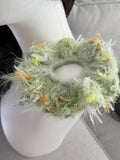 Hand-Blended Fuzzy Yarn Scrunchie – Green & Yellow Mix