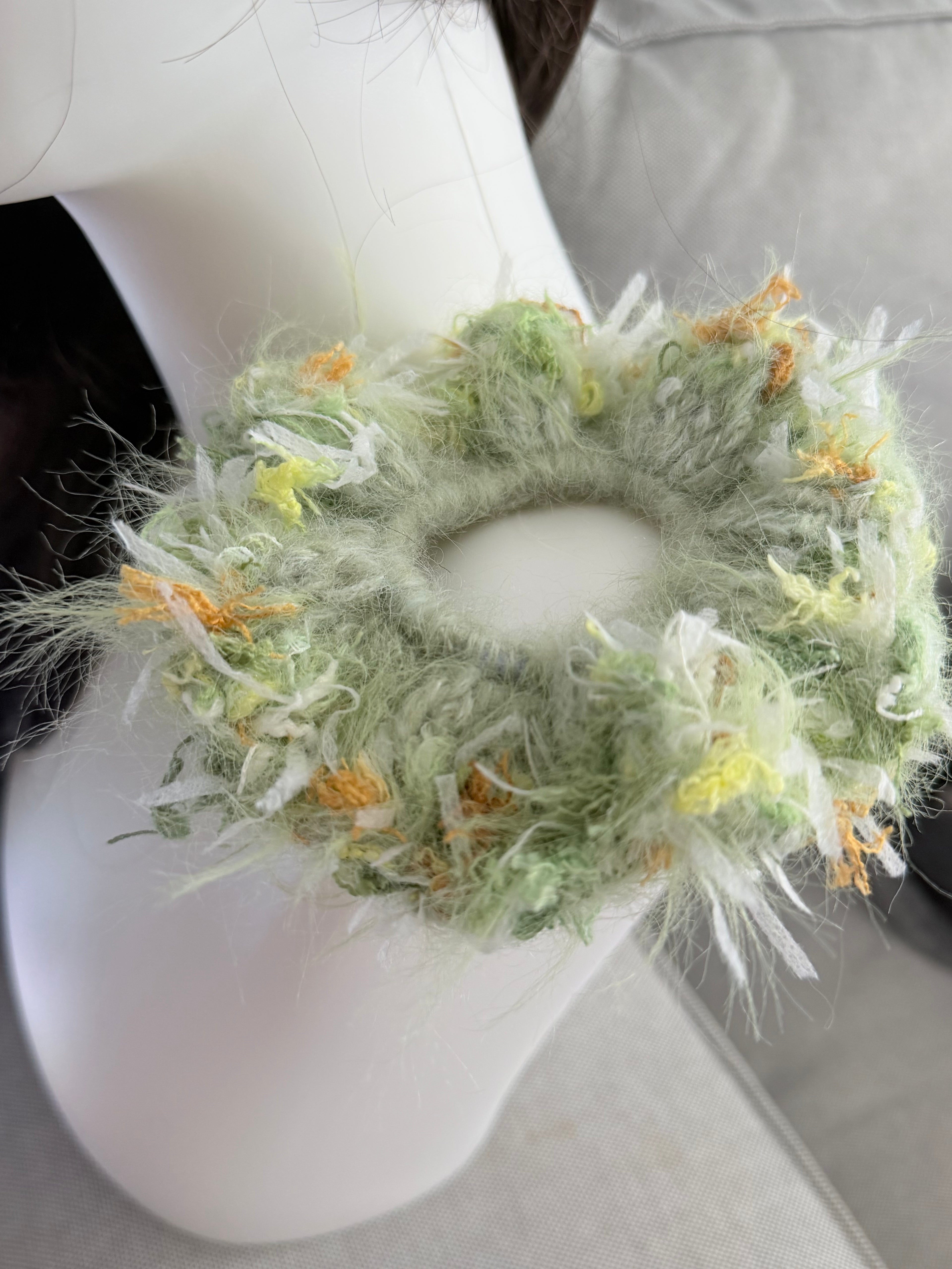 Hand-Blended Fuzzy Yarn Scrunchie – Green & Yellow Mix