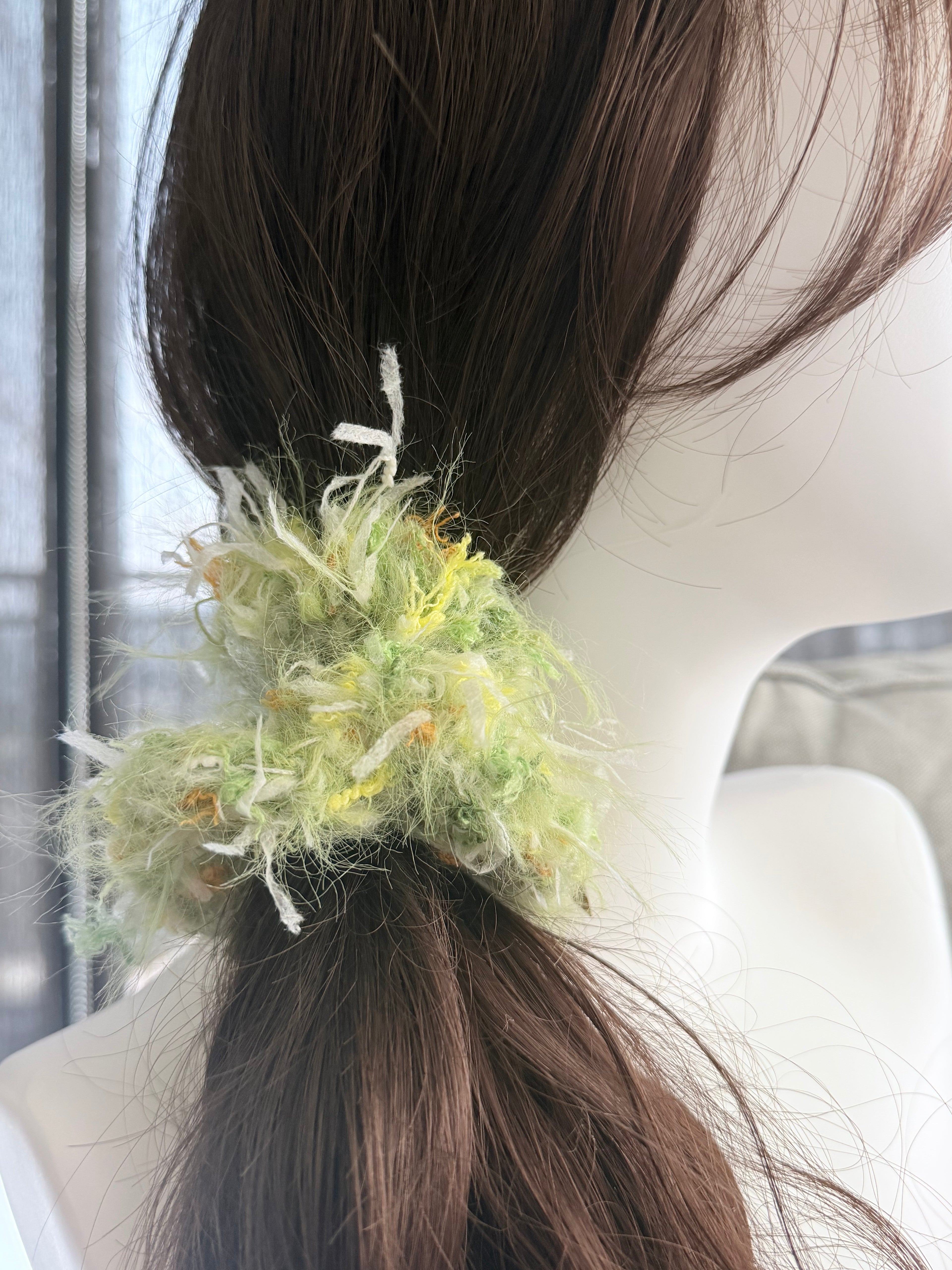 Hand-Blended Fuzzy Yarn Scrunchie – Green & Yellow Mix
