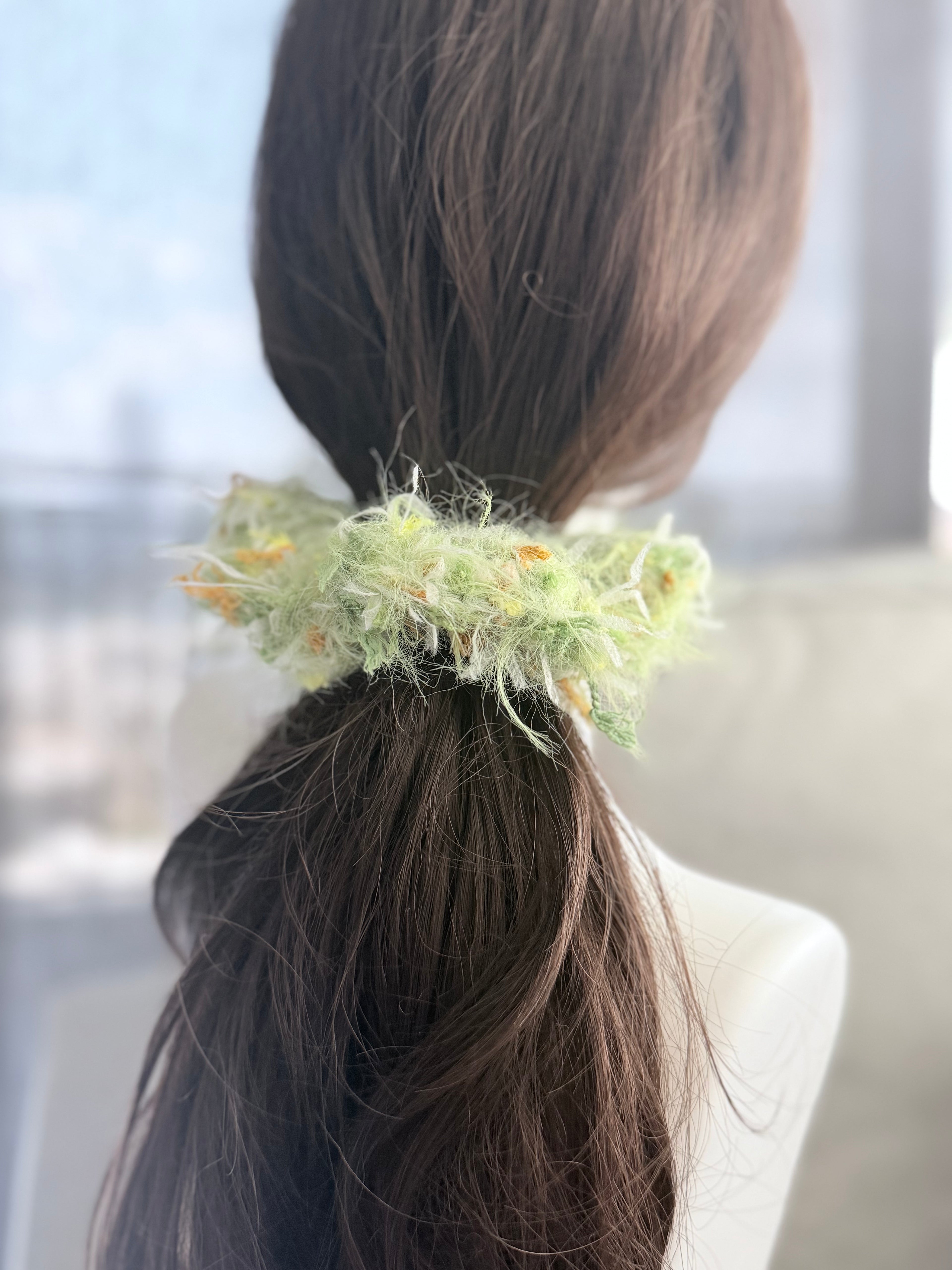 Hand-Blended Fuzzy Yarn Scrunchie – Green & Yellow Mix