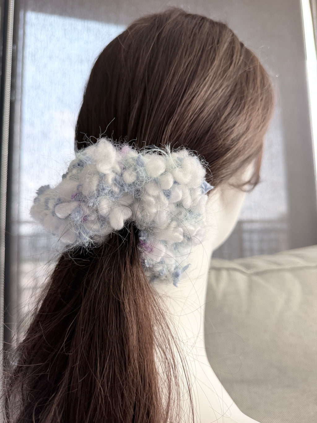 Hand-Blended Fuzzy Yarn Scrunchie – Lavender & White
