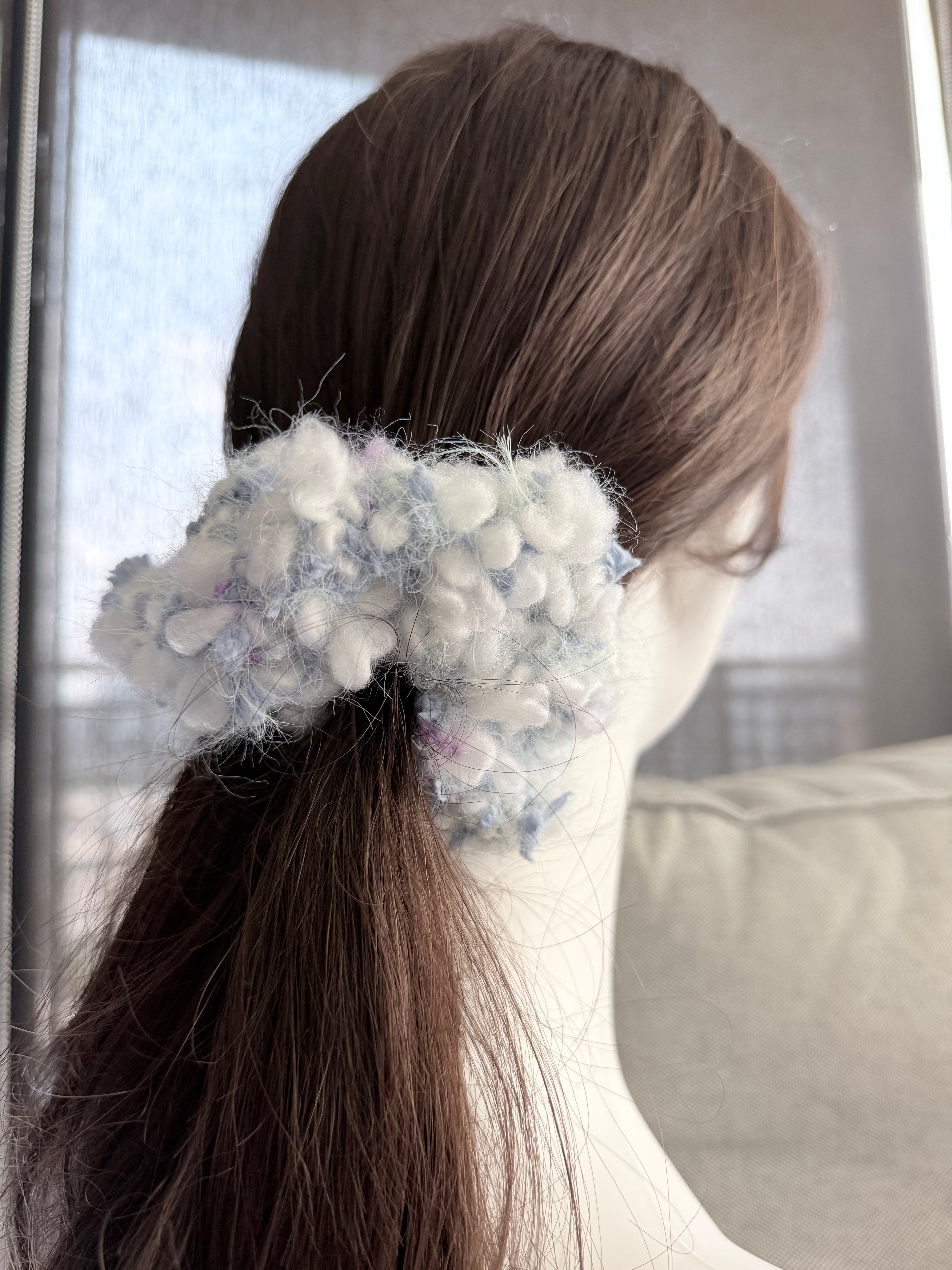 Hand-Blended Fuzzy Yarn Scrunchie – Lavender & White