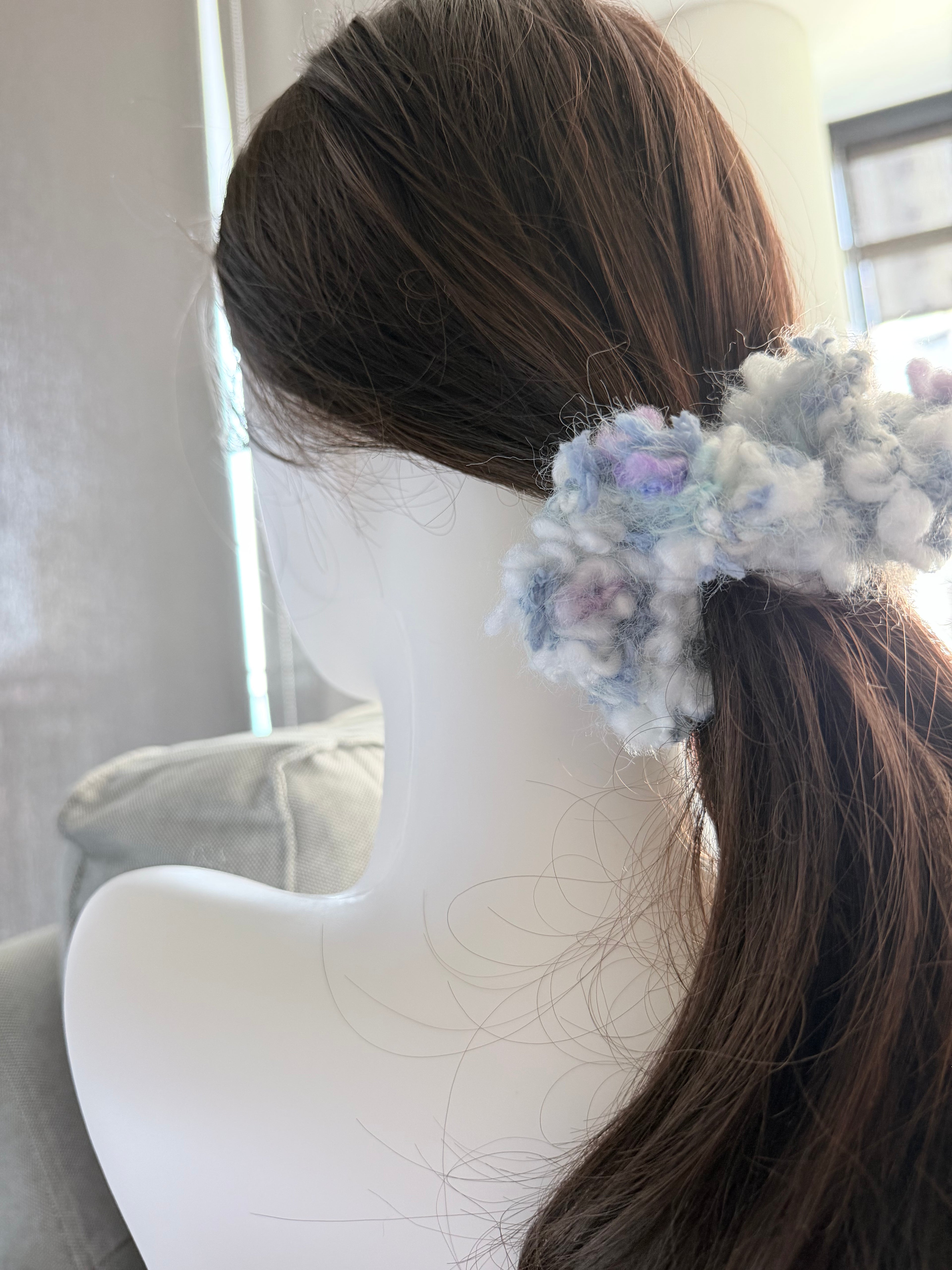 Hand-Blended Fuzzy Yarn Scrunchie – Lavender & White