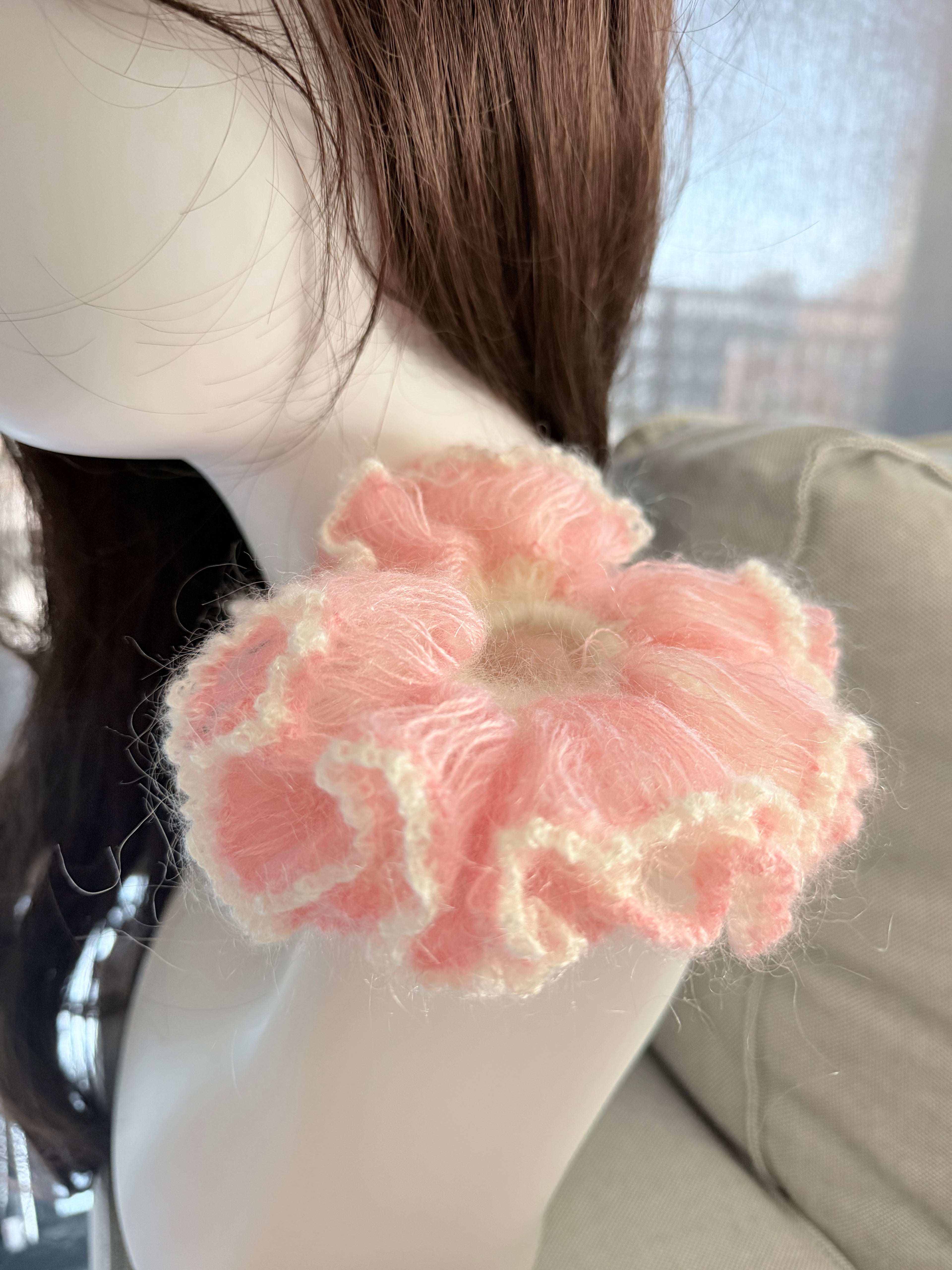 Double-Sided Mohair Flower Scrunchie – Pink & Cream