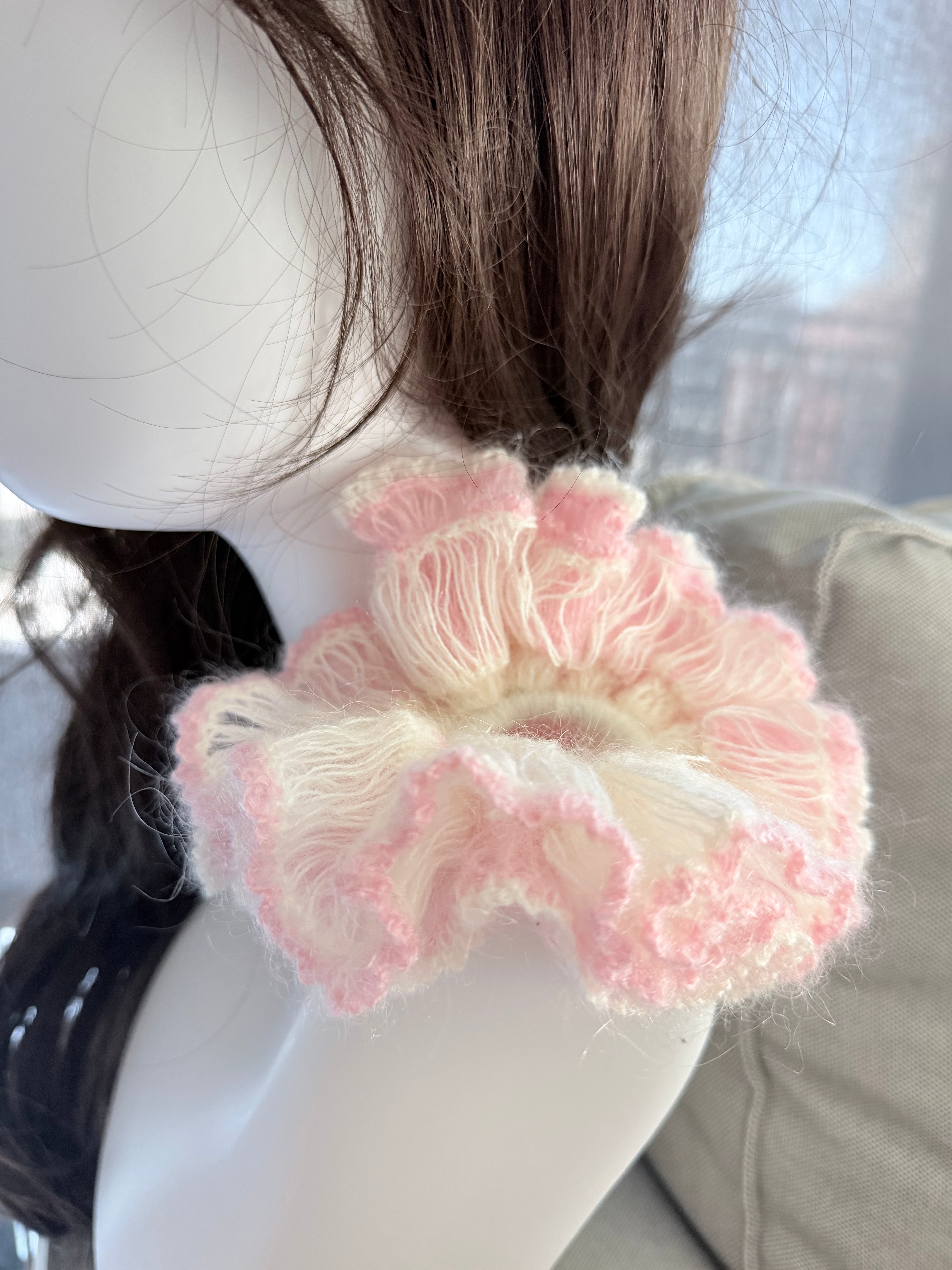 Double-Sided Mohair Flower Scrunchie – Pink & Cream