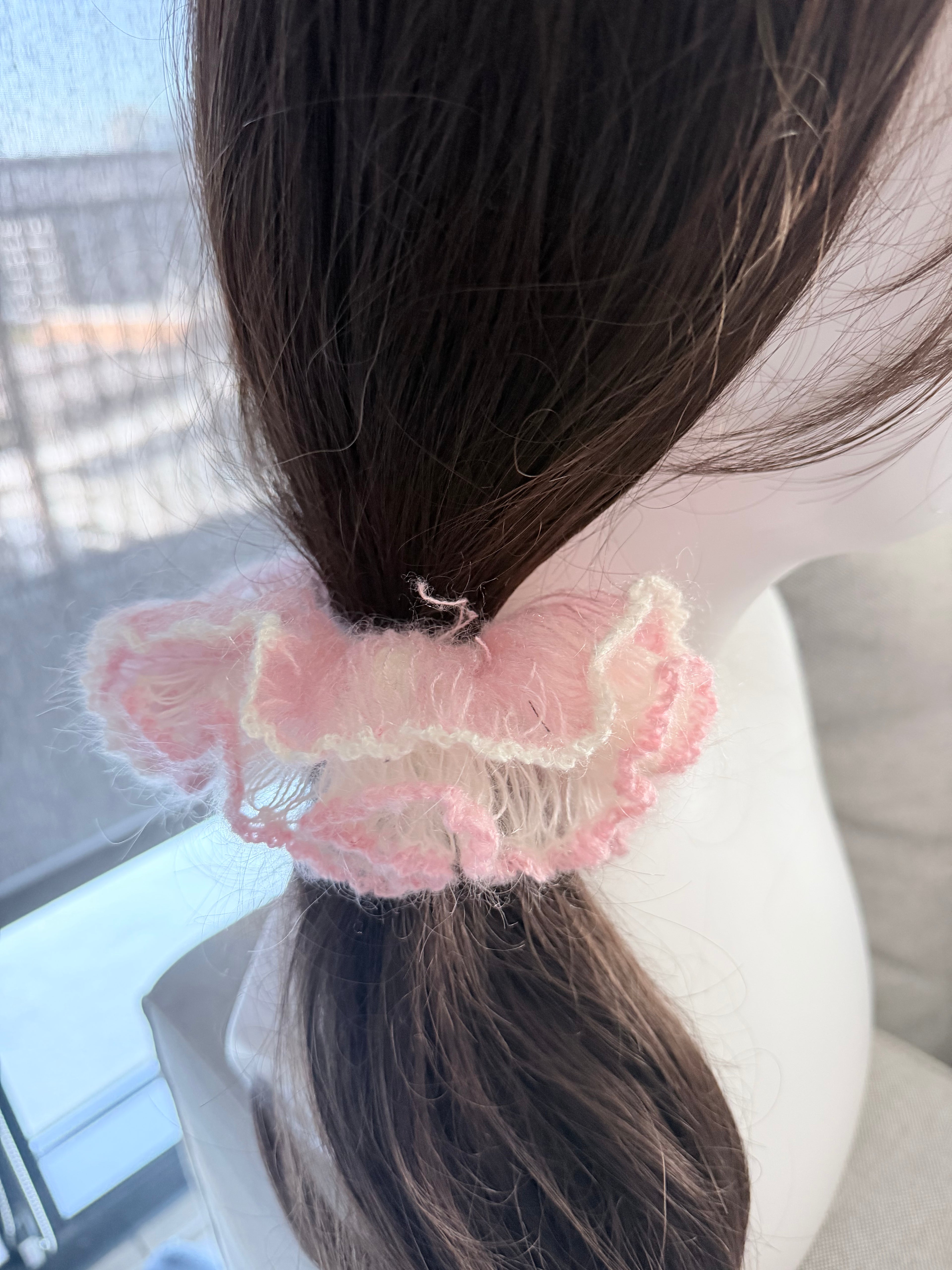 Double-Sided Mohair Flower Scrunchie – Pink & Cream