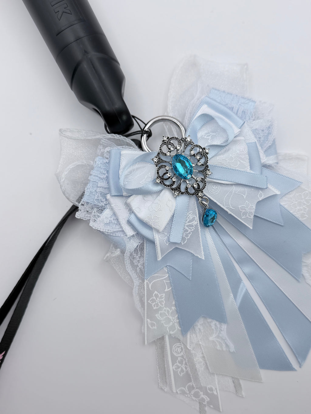 K-Pop dusty blue and white bow charm with aquamarine crystal filigree brooch