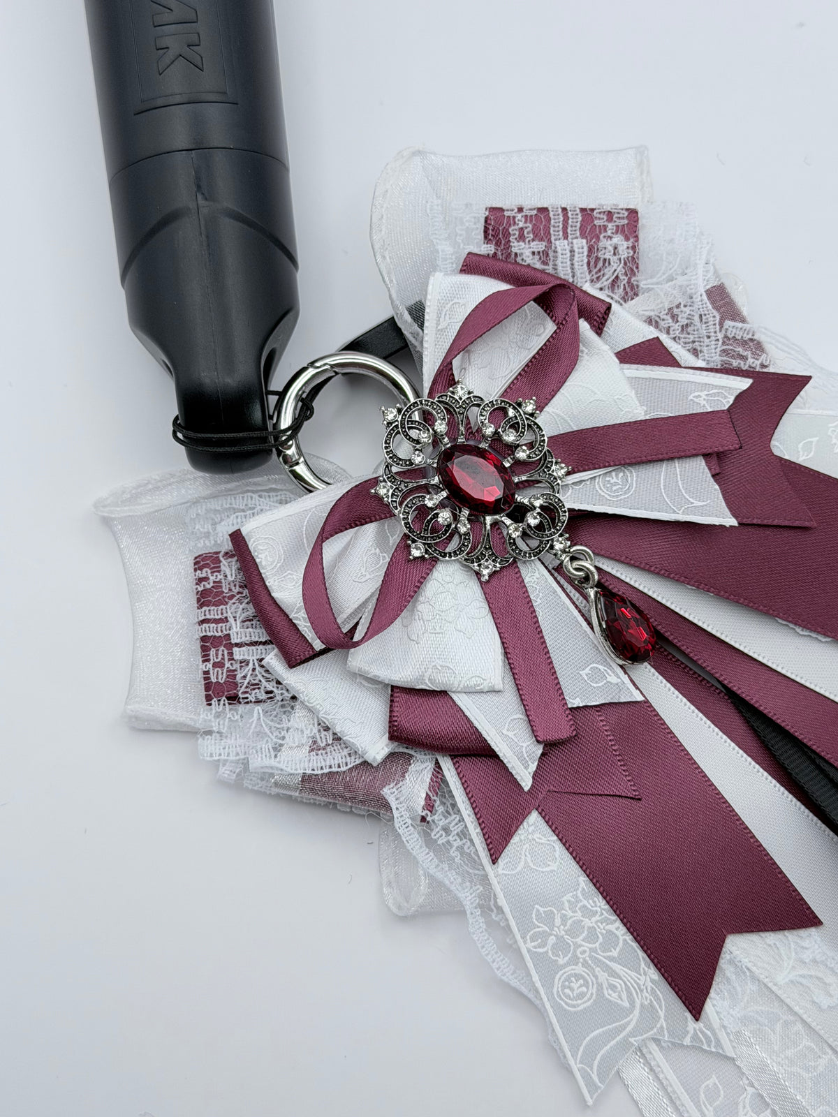 K-Pop burgundy and white gothic bow charm with garnet crystal antique silver brooch