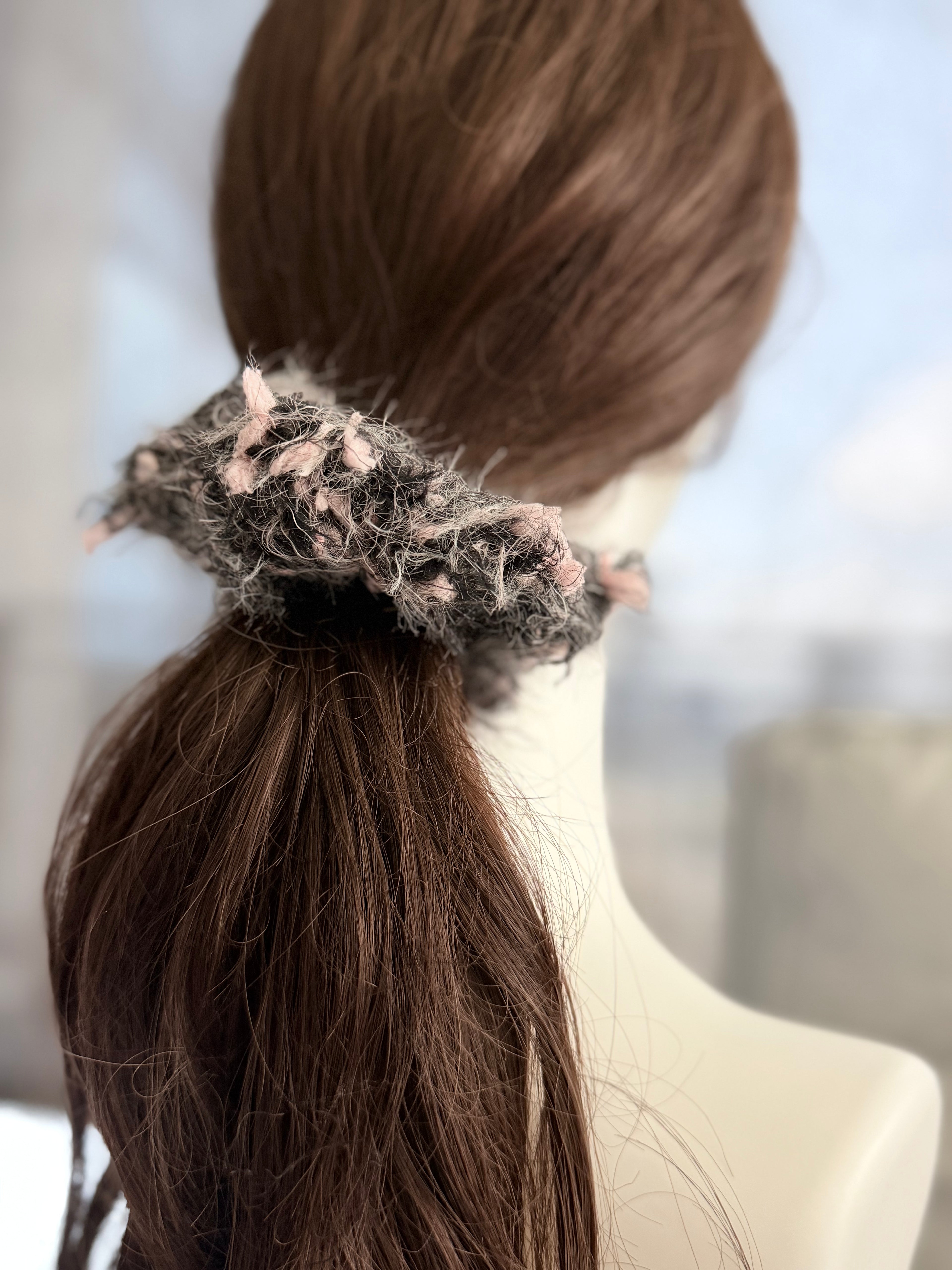 Hand-Blended Fuzzy Yarn Scrunchie – Grey & White Mix