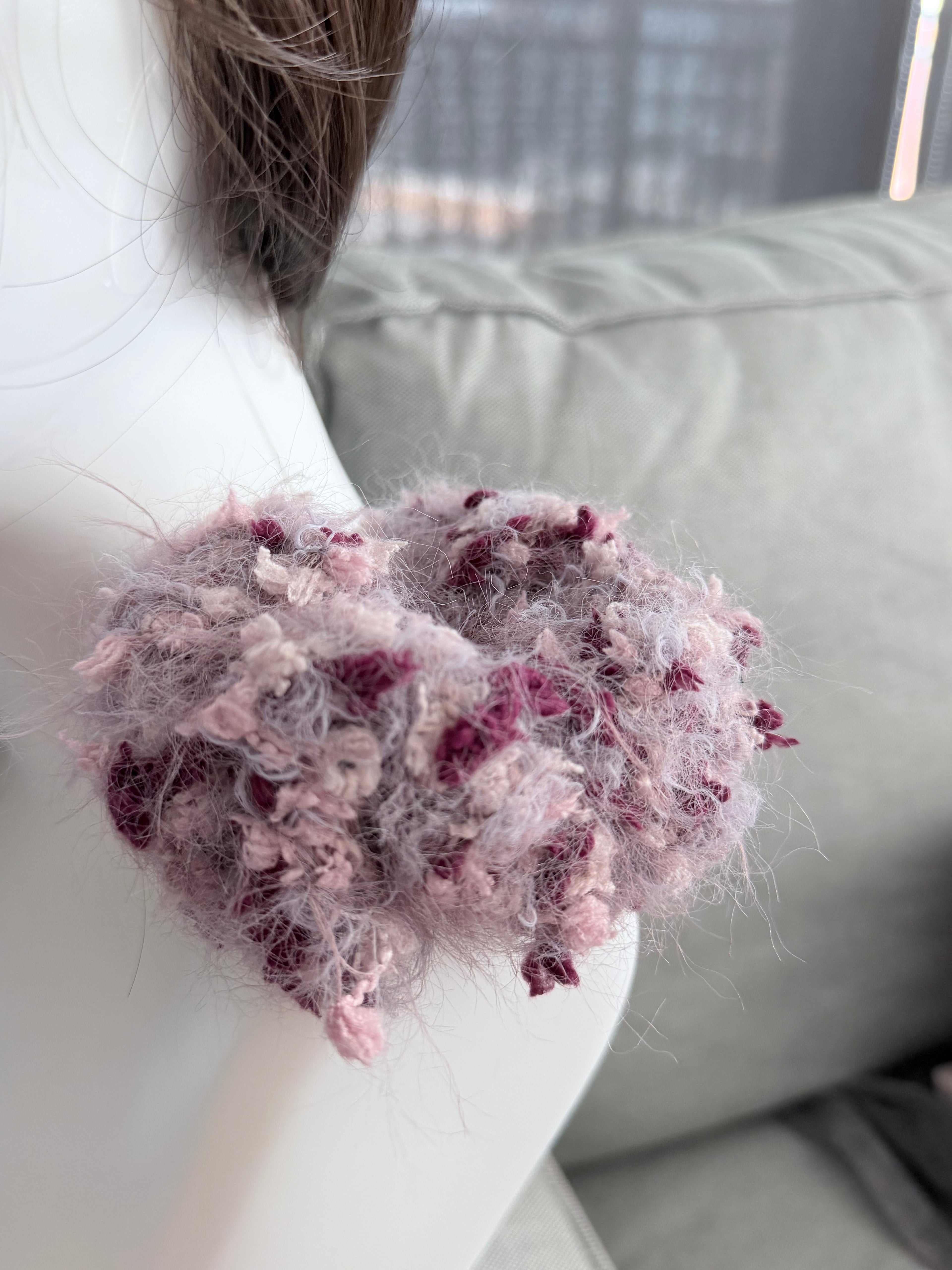 Hand-Blended Tweed Scrunchie – Pink & Purple with Berry Bobbles