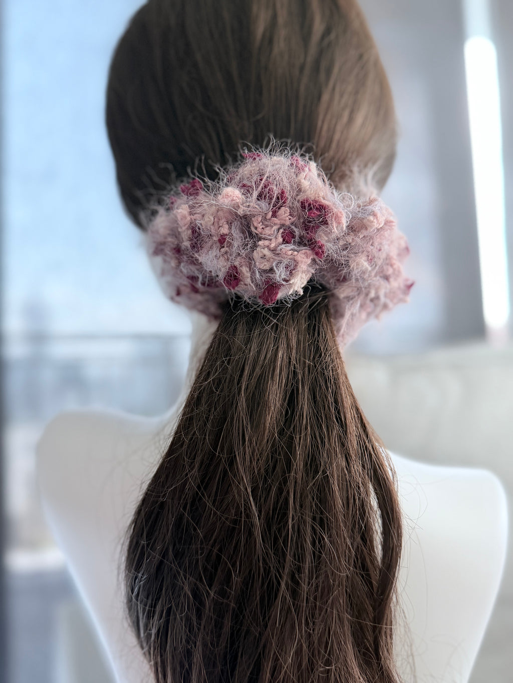 Hand-Blended Tweed Scrunchie – Pink & Purple with Berry Bobbles